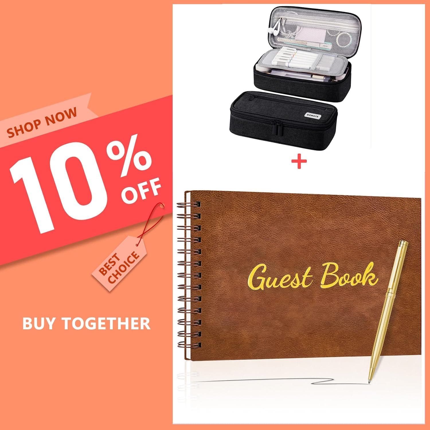 WEMATE Large Pencil Case + Sign-in Book with 136 Pages for Reception Brown 7" x10″