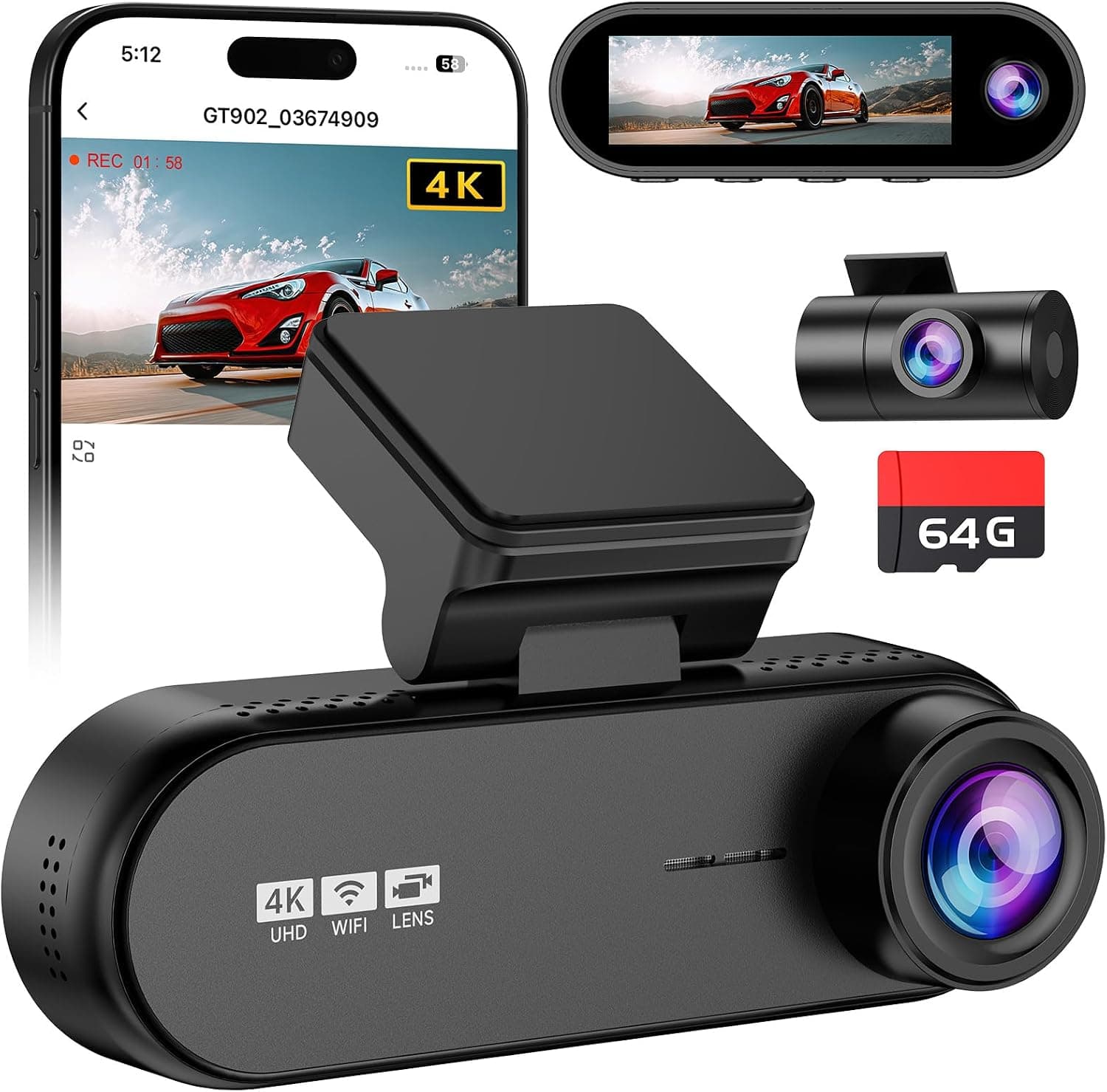 GT902 Dashcam 4K 3 Channel Dash Cam Front Rear Inside, True 170° Wide Angle, 3.19" IPS Screen 2.4G WiFi Custom APP Control, Loop Recording Collision Lock G-Sensor Parking Monitor, 256GB Storage Max