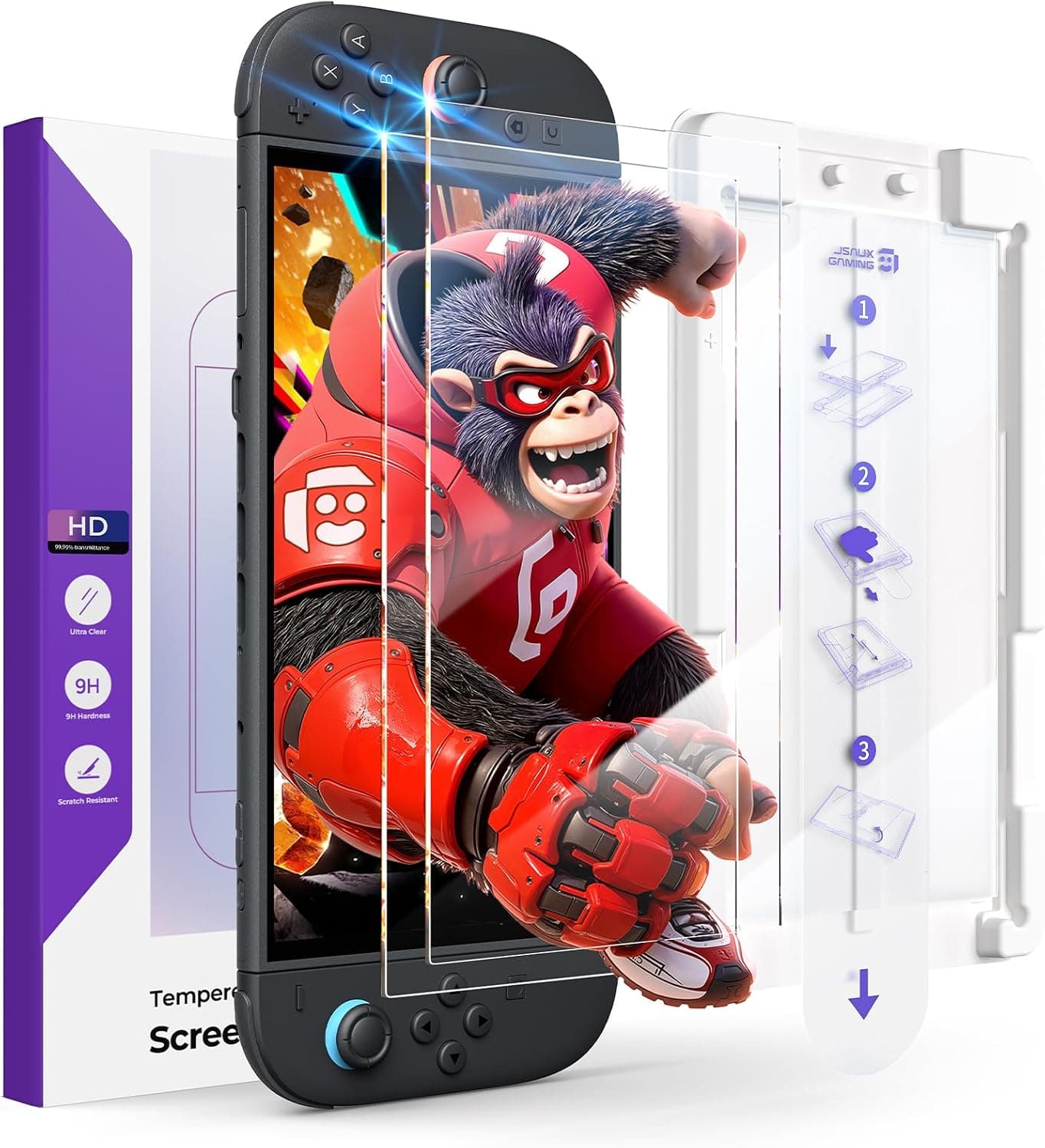 JSAUX 2-Pack Tempered Glass Screen Protector for Switch 2, Place & Pull Guide Frame for Effortless Installation, Ultra Clear 9H+ Hardness, Anti Fingerprint, Shatter Resistant Switch2 Accessories