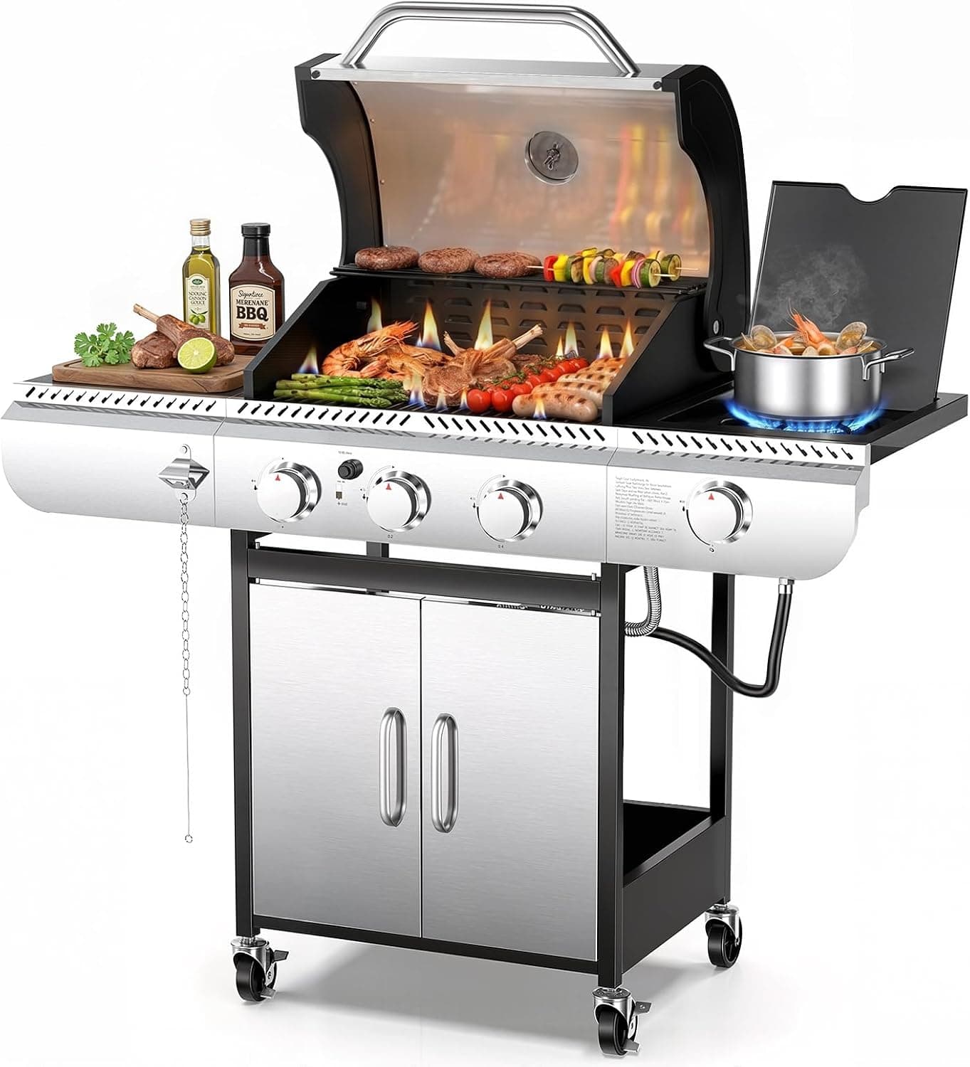 COWSAR 3 Burner Gas Grill, 34,000 BTU Stainless Steel BBQ Grill with Side Burner, Porcelain-Enameled Cast Iron Grates, Pull-Out Grease Tray for Patio, Backyard & Outdoor Cooking
