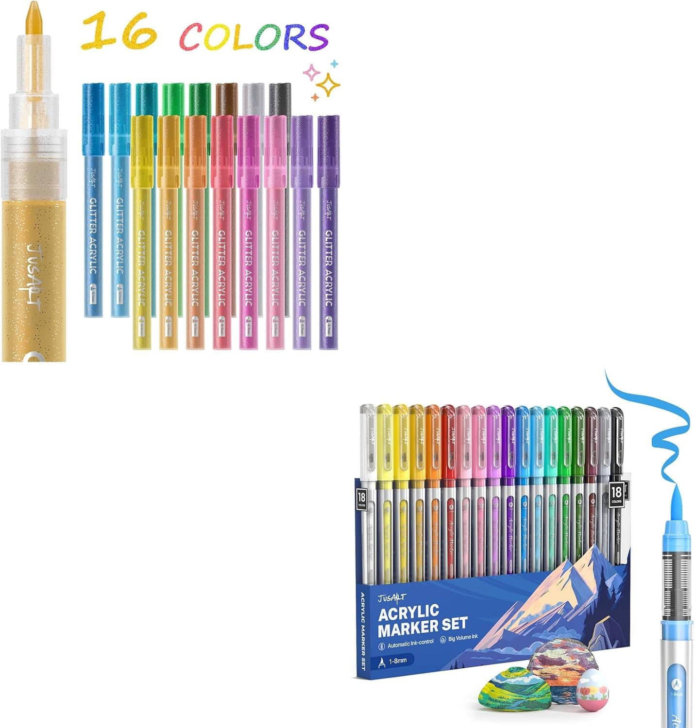 JusArt 16 Colors Acrylic Glitter Markers Pen + 18 Colors Acrylic Paint Markers Brush Tip