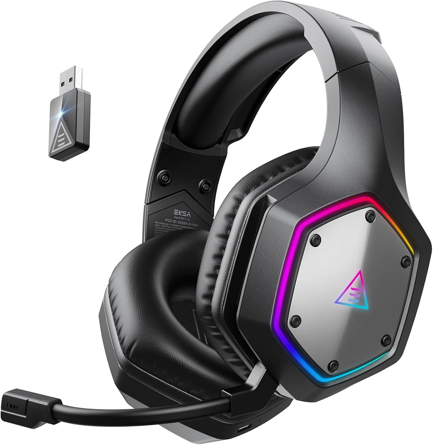 EKSA 2.4GHz Wireless Gaming Headset for PS5,PS4,PC,Switch,Mobile,Mac, Bluetooth Gaming Headphones with ENC Microphone, RGB, 20ms Latency, 120H Battery, 7.1 Surround Sound, 3.5mm Cable Black Silver