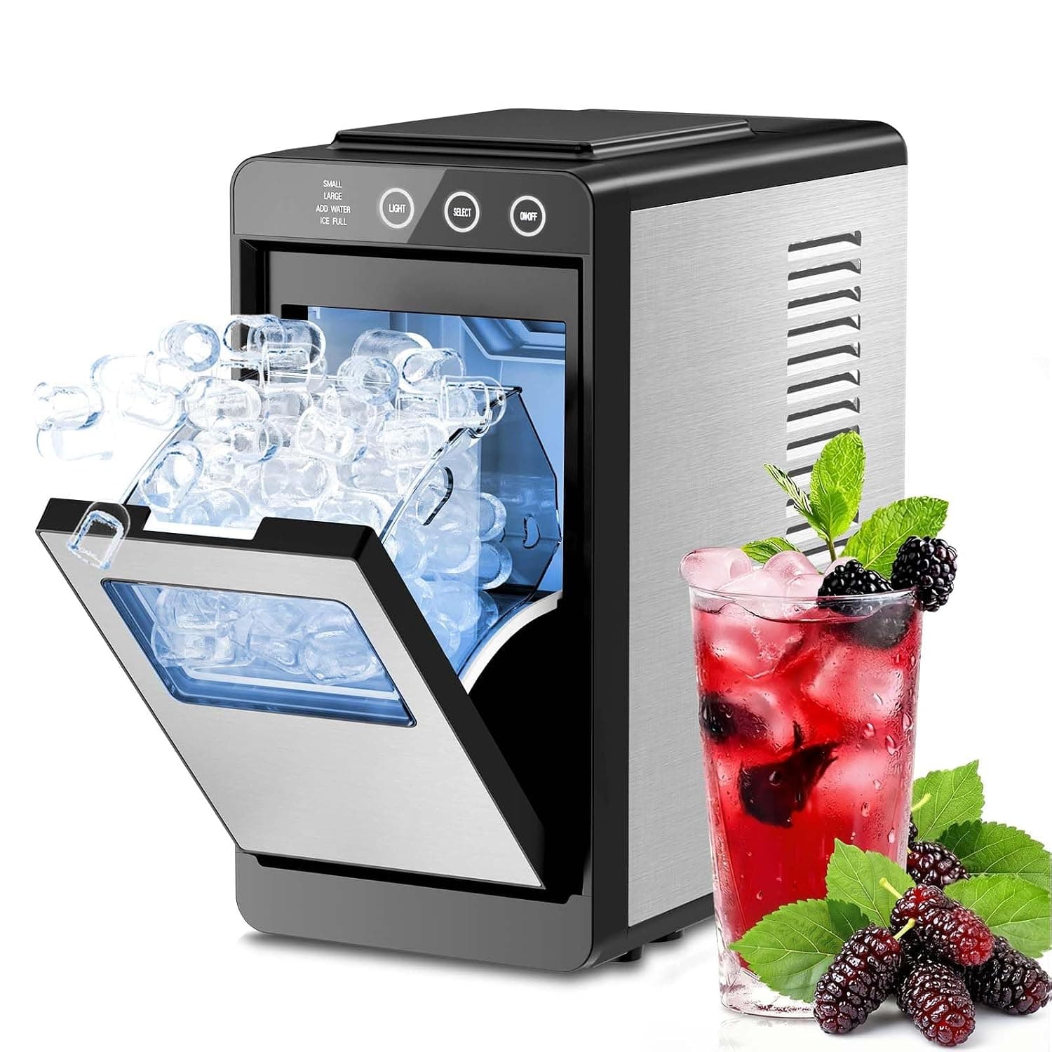 Kismile Countertop Ice Maker, 8 Bullet Cubes in 6 Mins, 26.5lbs in 24Hrs, 2 Ice Sizes, Self-Cleaning Portable Ice Maker with Basket and Scoop, for Home/Office/Camping/RV, Silver