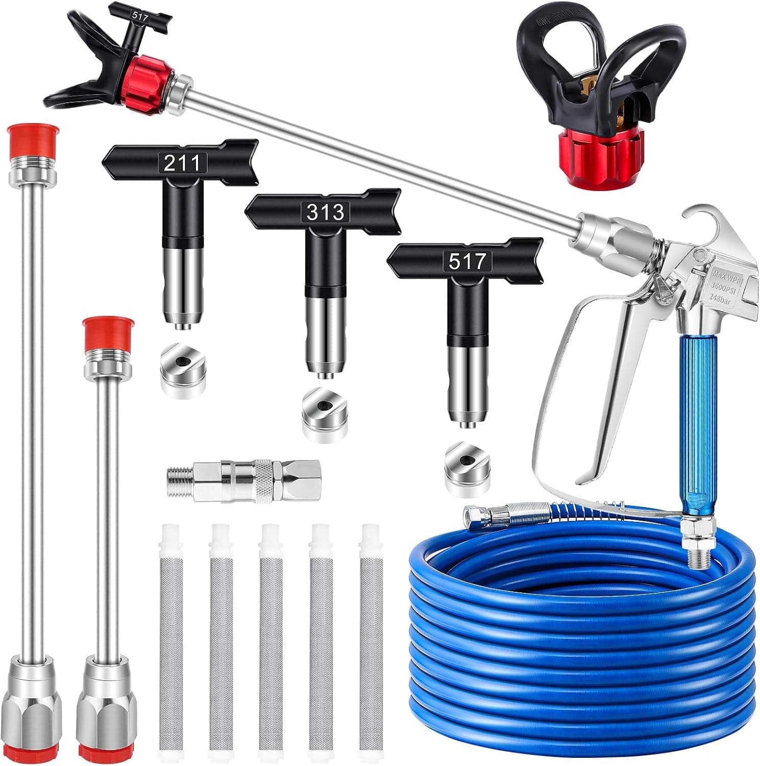 14Pcs Airless Paint Sprayer Gun Kit, 3600PSI 25Ft High Pressure Hose | Airless Spray Gun with 3Pcs Reversible Spray Tips & 2Pcs Extension Rod & 5Pcs Filters & Nozzle Seat for House Painting
