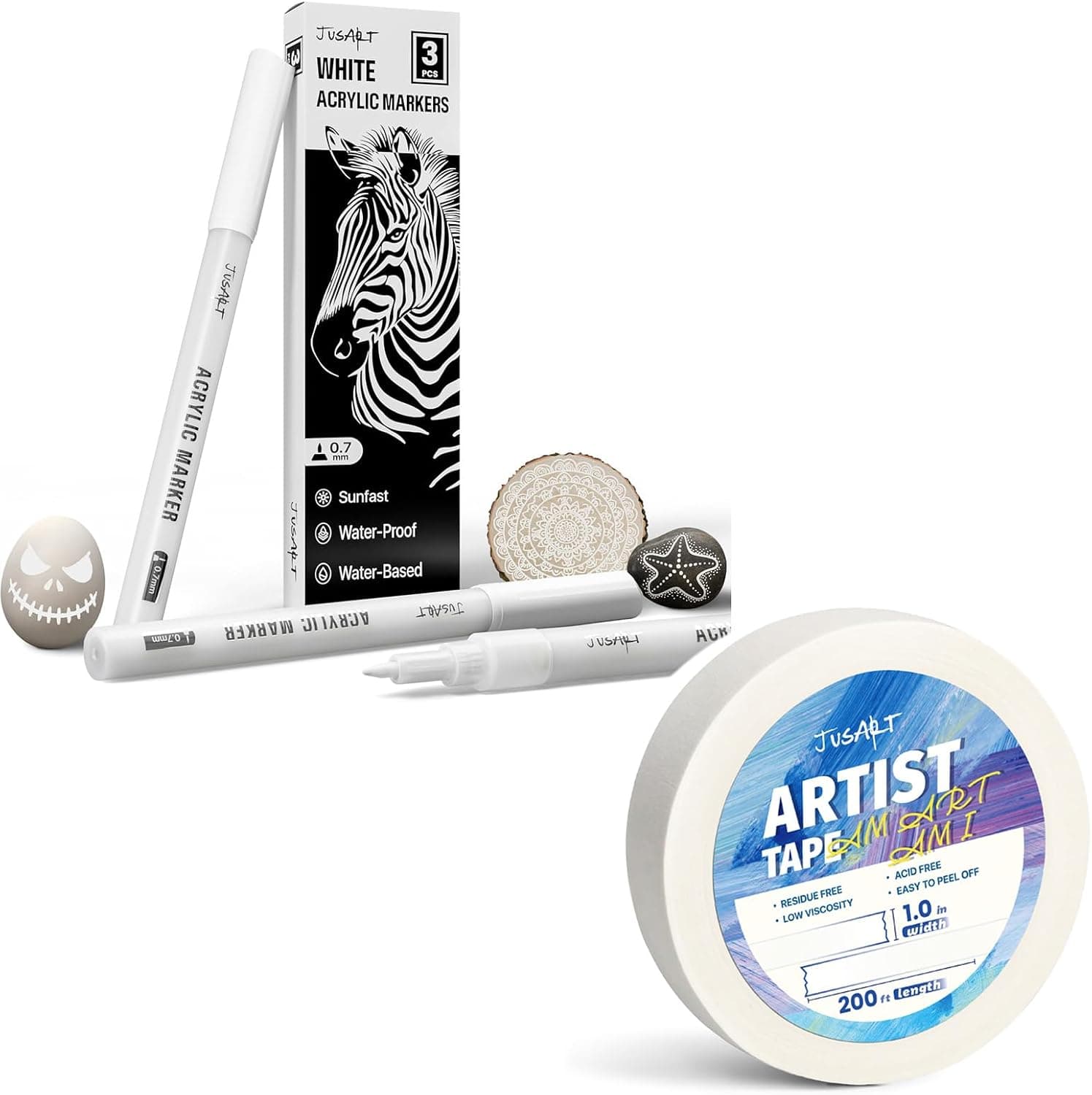 JusArt 3 Pack White Permanent Markers, 0.7mm Fine Point Acrylic Paint Pens 1inch Wide 200FT Long Artist Tape