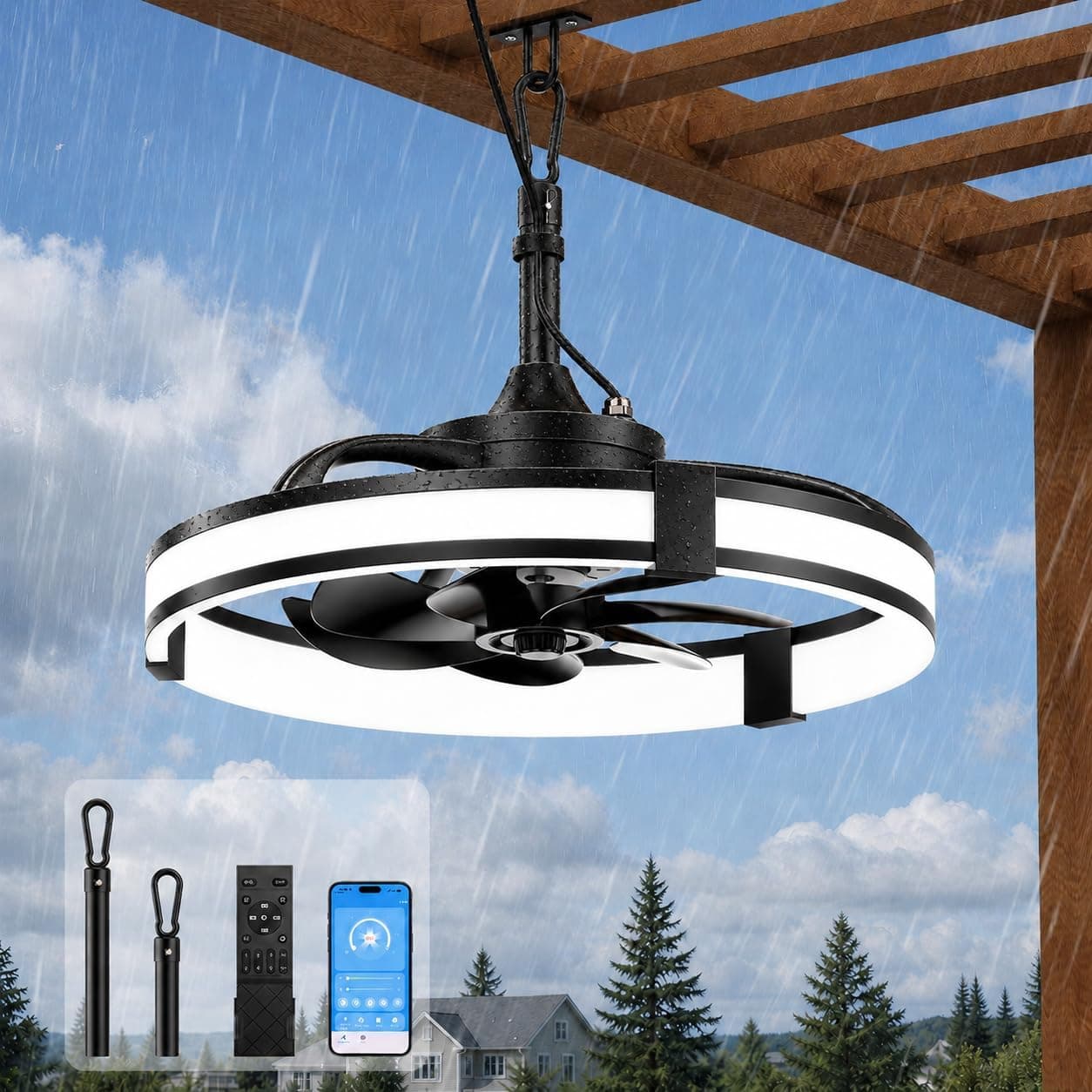 Ausic Outdoor Ceiling Fan with Light, 20" Waterproof Outdoor Gazebo Fan for Patios, Plug in Caged Hanging Fan with Remote Control Smart App 3CCT 6-Speeds for Garage, Porch, Deck, Pergola