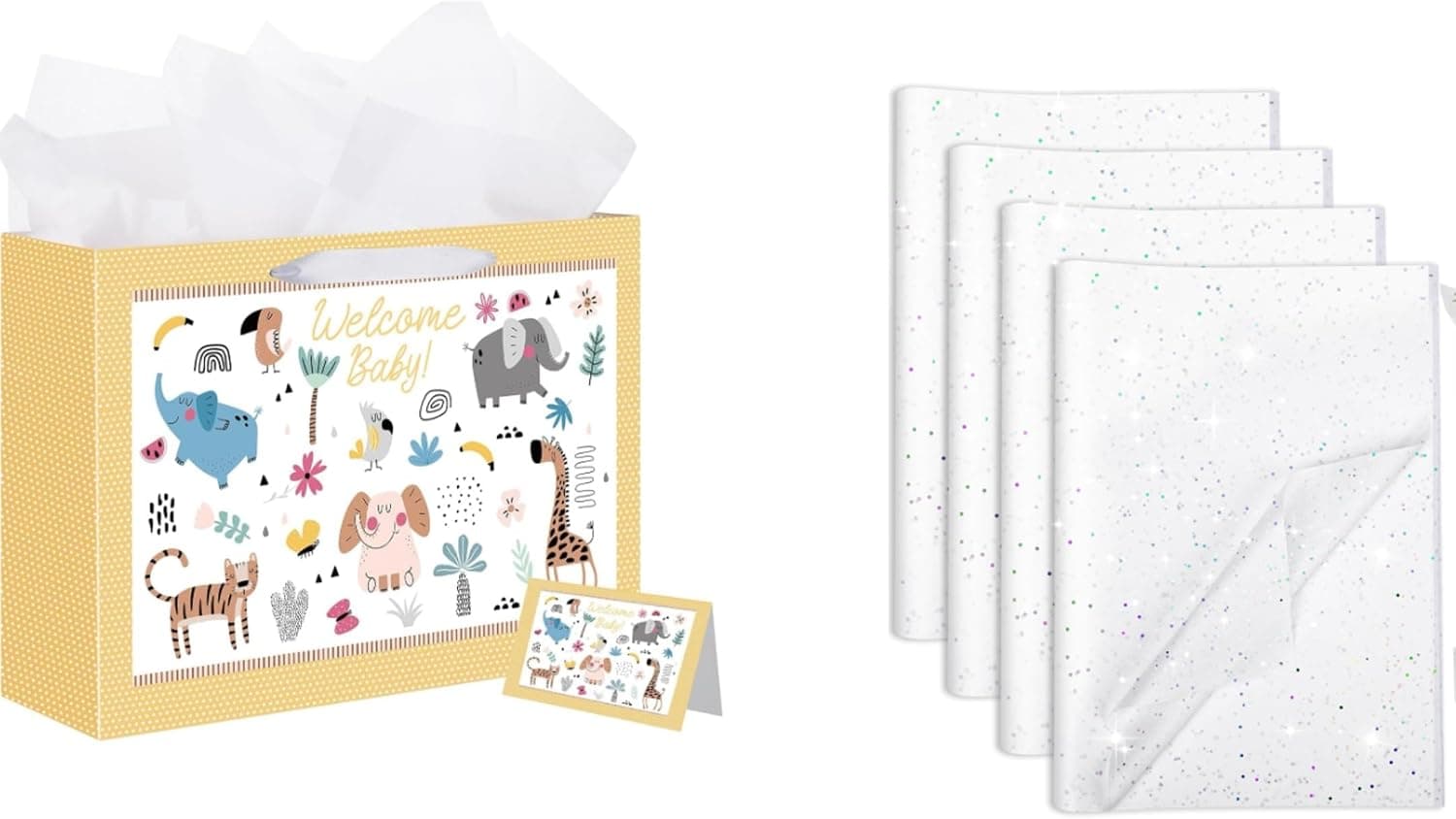 woric Baby Shower Sets 14.5" Baby Gift Bag with 137 Sheets Glitter Tissue Paper Bulk for Gift Wrapping DIY Crafts Newborn Birthday Party Decor