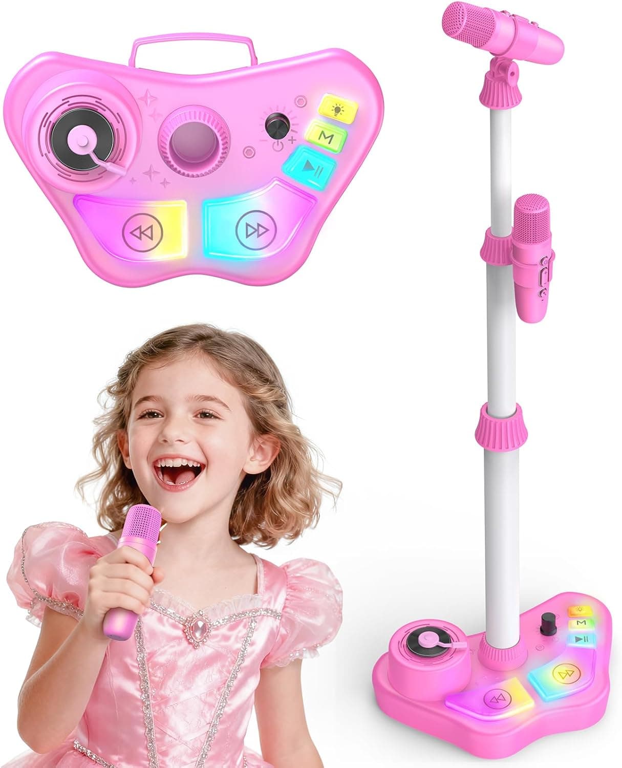 Kids Rechargeable Karaoke Machine Toys with Adjustable Stand, 3-5 4-6 7 8 Year Old GirlsWireless Microphone Gifts, Bluetooth Speaker with 2 Mic Toddler Birthday Gift for Girl Ages 3-8
