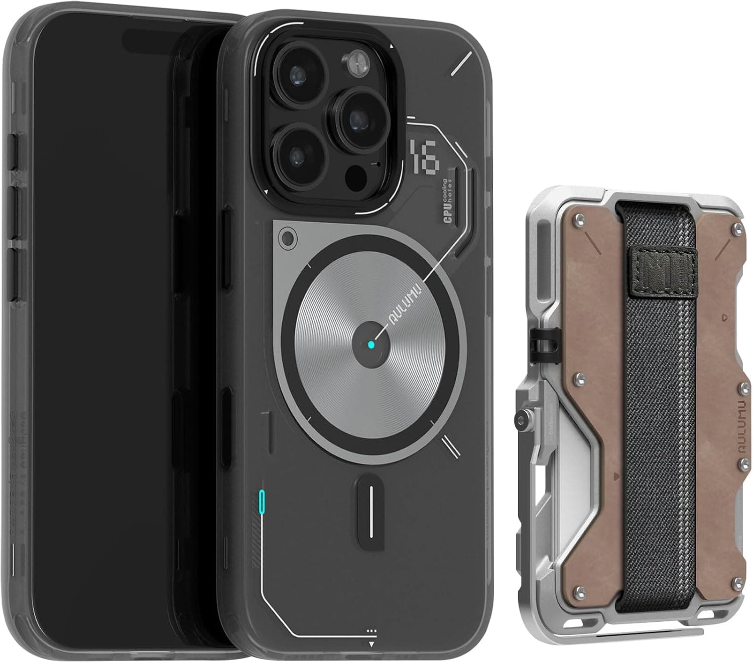 Aulumu A16 Thermal [Touch Translucent Gray] + G03 Wallet Leather Metal Card Case [Genuine Gray] for iPhone 16 Pro | Comforts Magnetic Card Holder Kit