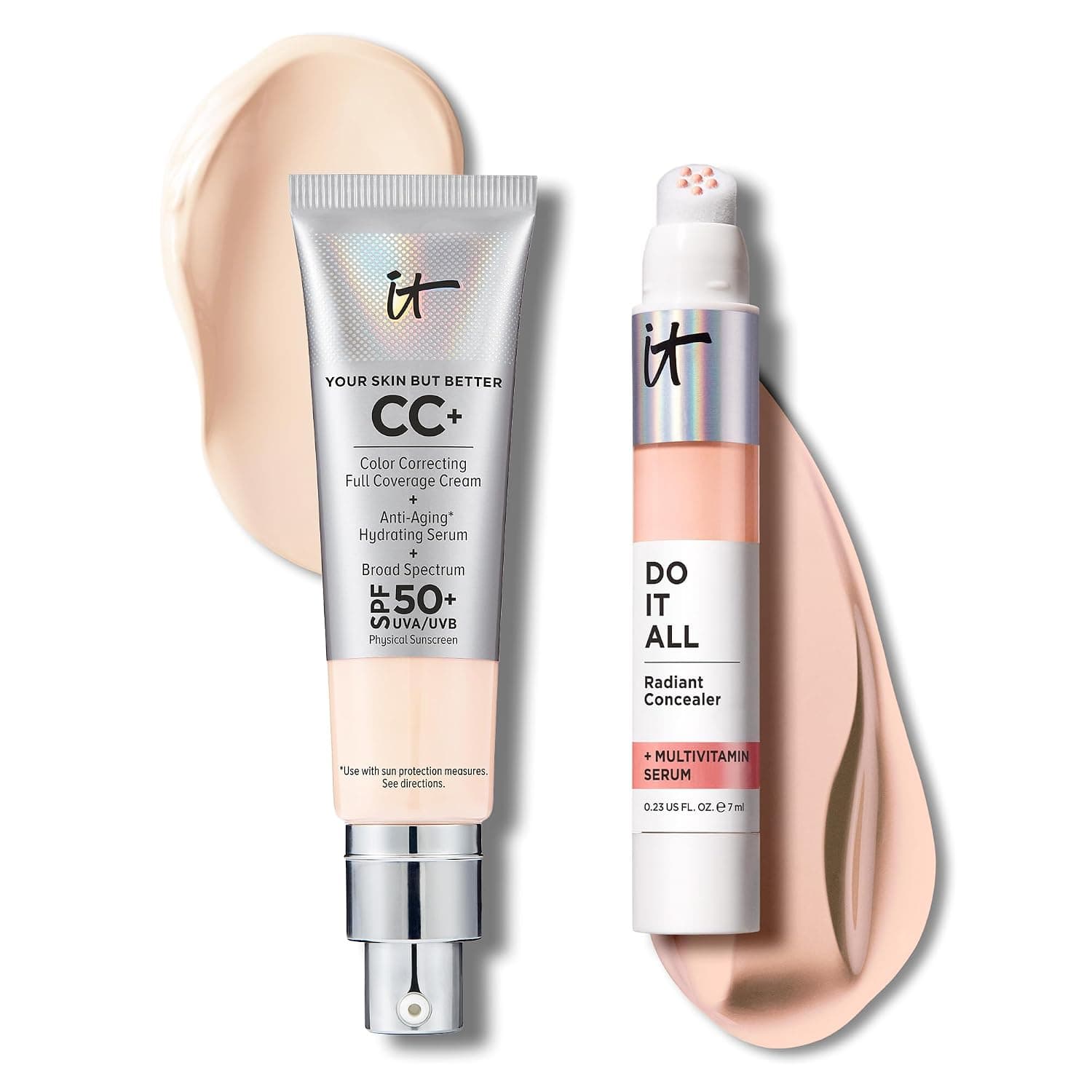 IT Cosmetics CC+ Cream with SPF 50+ Natural Finish Full Coverage Foundation (Fair Beige - 1.08 fl oz) & Do It All Radiant Concealer Multivitamin Serum Makeup (125 Fair Cool - 0.2 fl oz)
