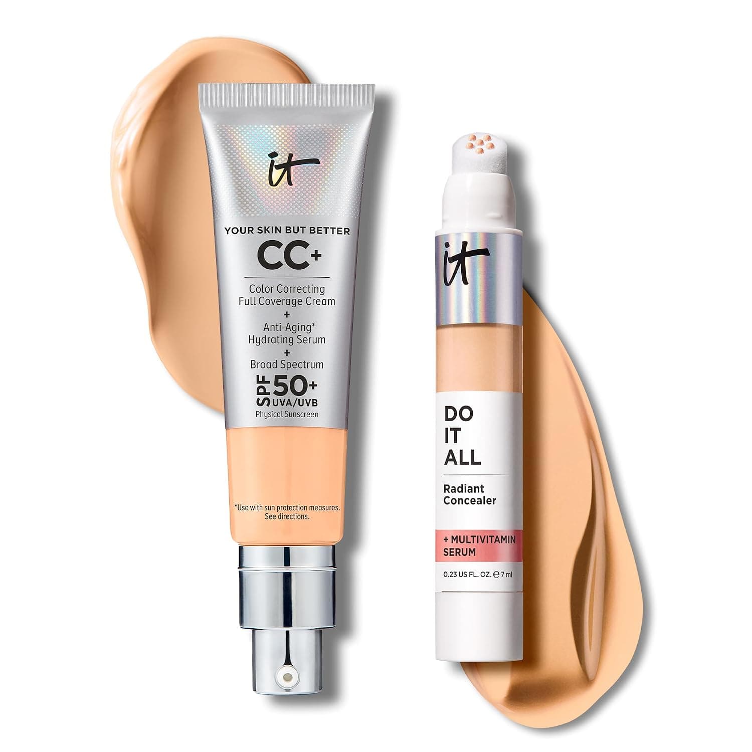IT Cosmetics CC+ Cream with SPF 50+ Natural Finish Full Coverage Foundation (Light Medium Warm - 1.08 fl oz) & Do It All Radiant Concealer Multivitamin Serum Makeup (225 Light Medium Warm - 0.2 fl oz)