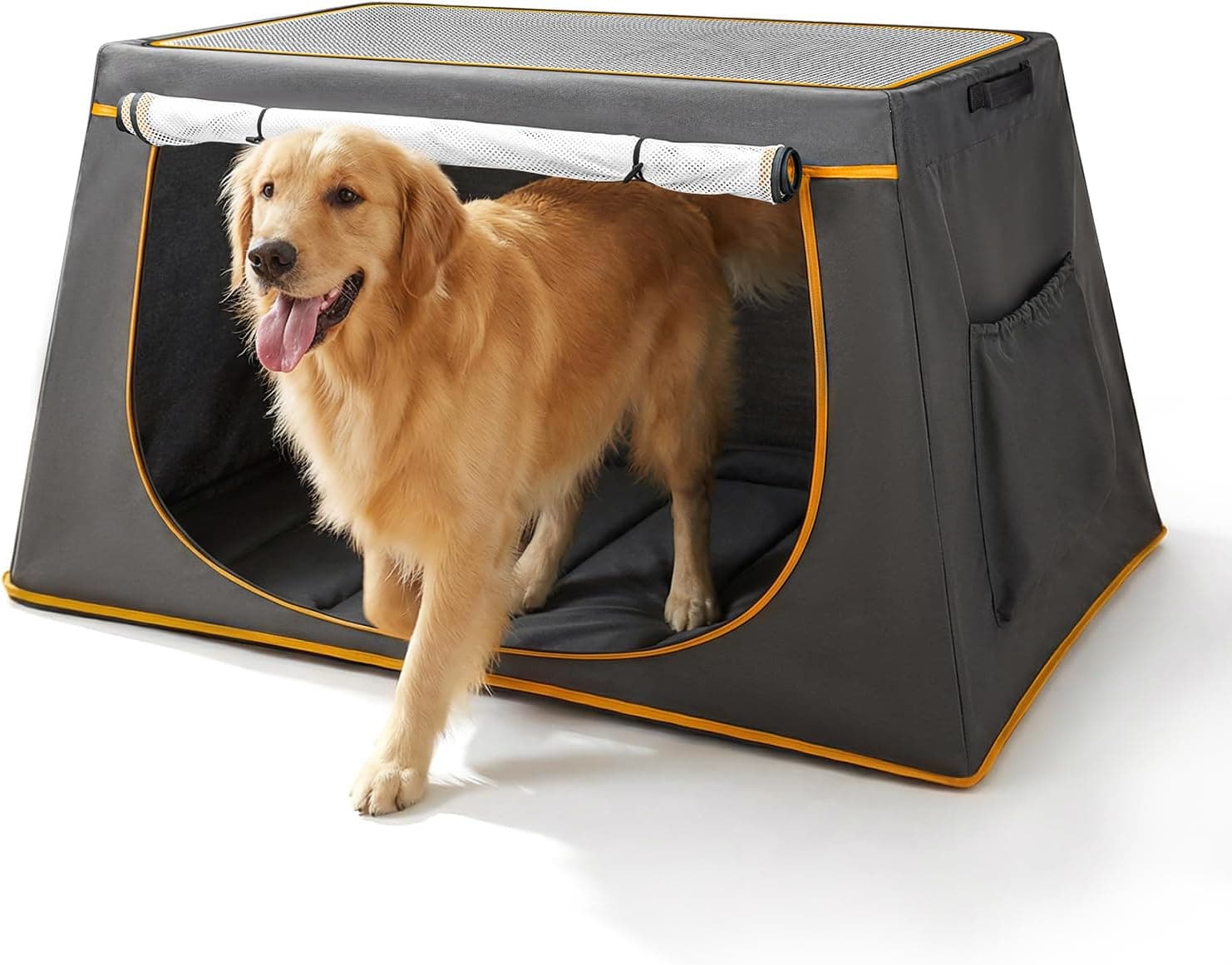 43 Inch Collapsible Travel Dog Crate for Medium Large Dogs, Portable Travel Kennel with Storage Pocket, Mesh Windows for Indoor & Outdoor Travel, 43.3” L x 24 ”W x 16.14 ”H, Dark Grey
