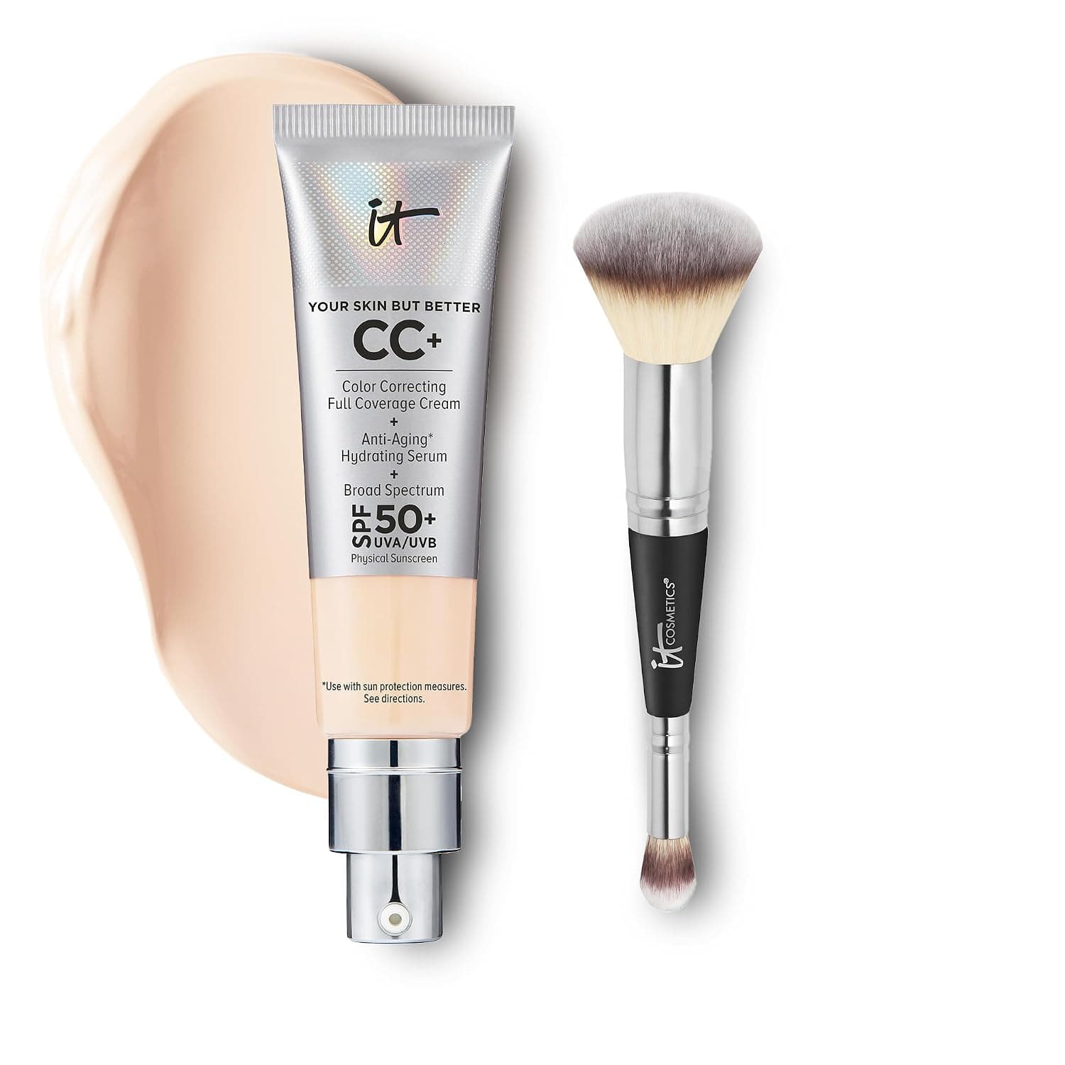 IT Cosmetics CC+ Cream with SPF 50+ Natural Finish Full Coverage Foundation (Fair Light - 1.08 fl oz) & 2-in-1 Concealer and Foundation Brush #7 for Buffing and Blending Face Makeup