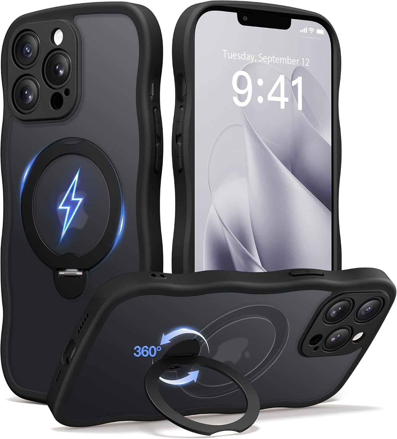 CAPRARO for iPhone 13 Pro Case with 360° Spin Magnetic Stand for Women, [Compatible with MagSafe] [Full Camera Protection] Cute Wave Translucent Matte Case for iPhone 13 Pro, Black