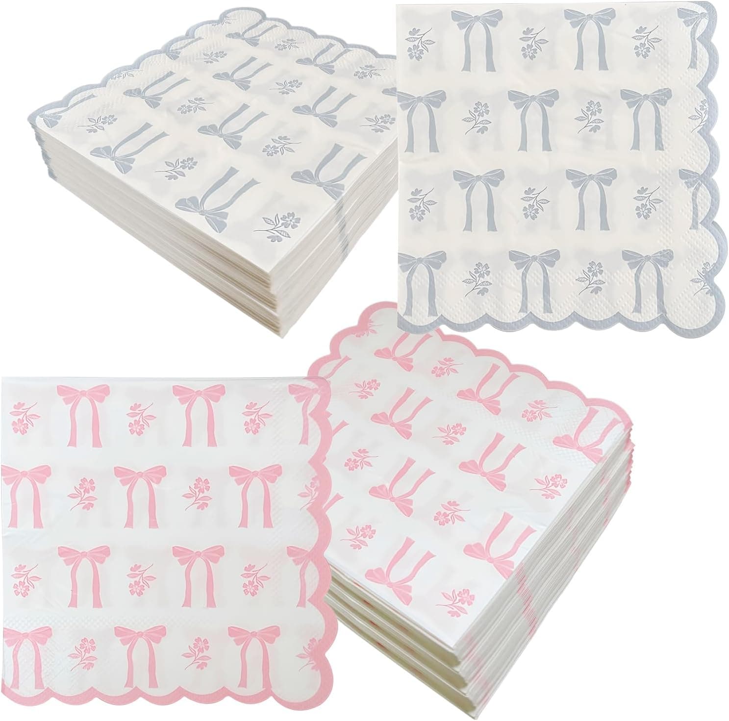 120 Pcs Gender Reveal Paper Napkins 5 * 5 Inch Pink and Blue Scalloped Bow Napkin Light Pink Cocktail Napkins Blue Beverage Dessert Napkins Disposable for Party Baby Shower Birthday Wedding