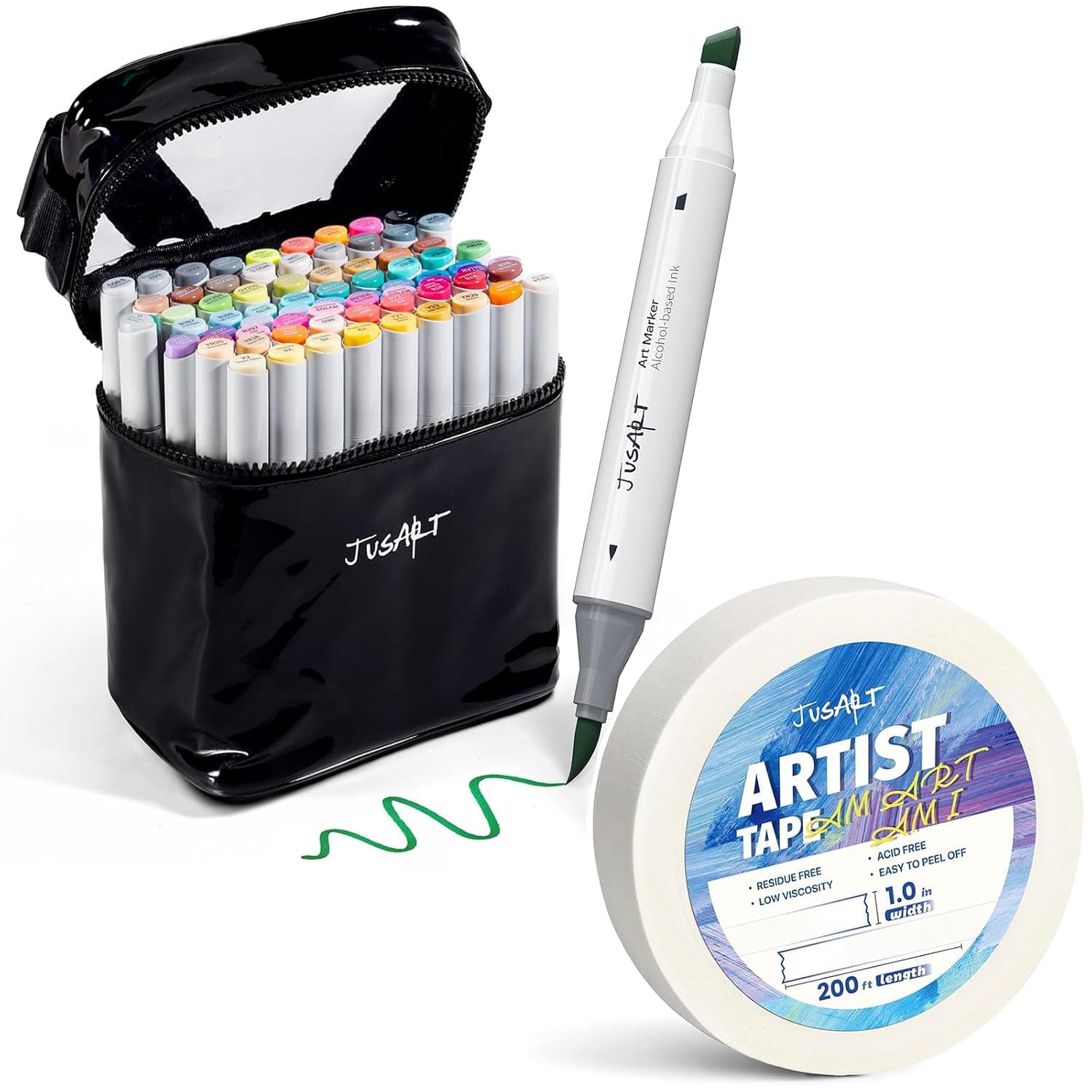 JusArt 72 Alcohol Brush Markers + Artist Tape