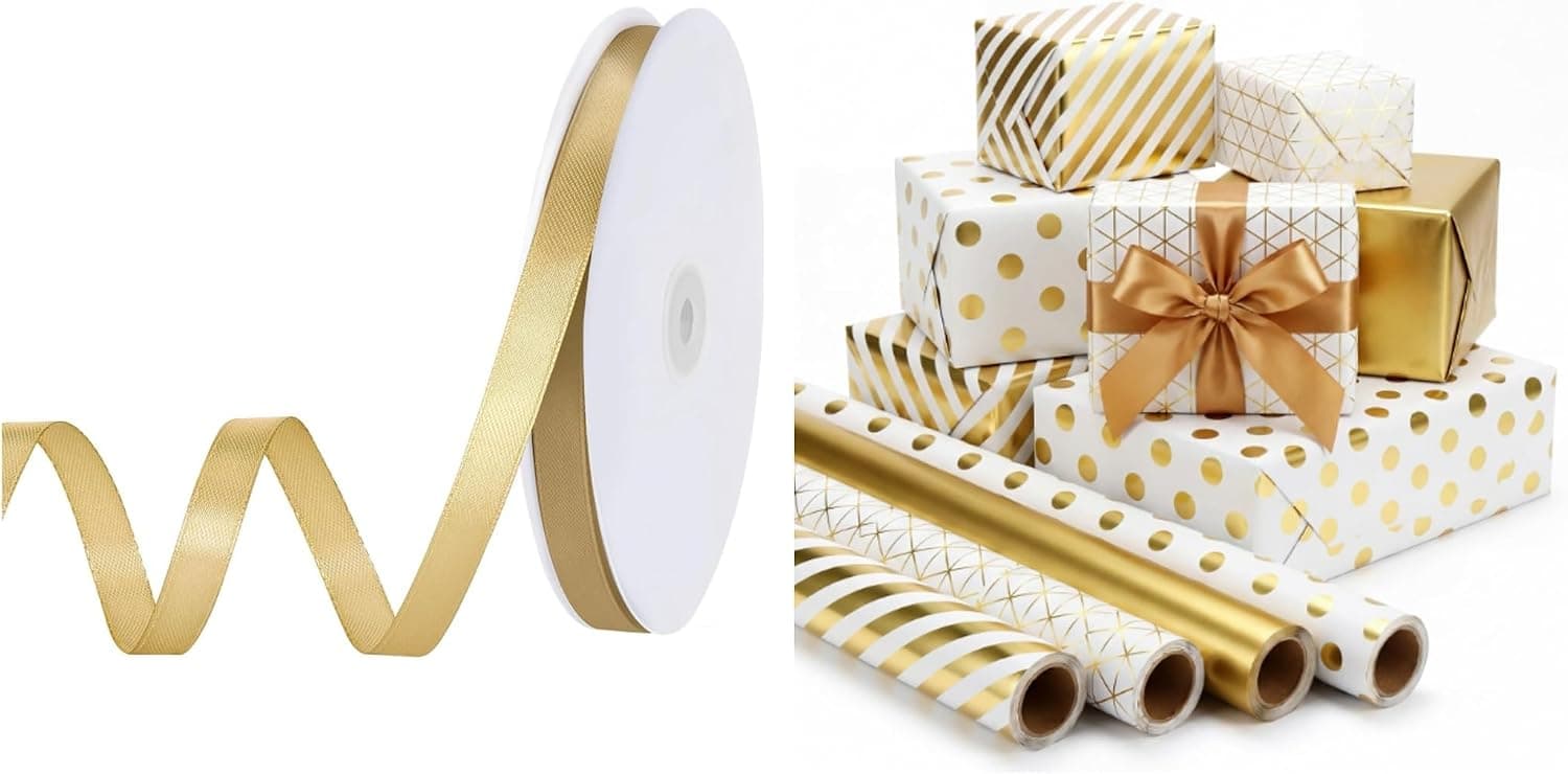 woric 3/8 Inch 120 Yards Gold Ribbon with 4 Rolls Gold Wrapping Paper for Gift Wrapping Sewing Trim Cake Hair Bows Crafts Wedding Birthday Baby Shower Decorations