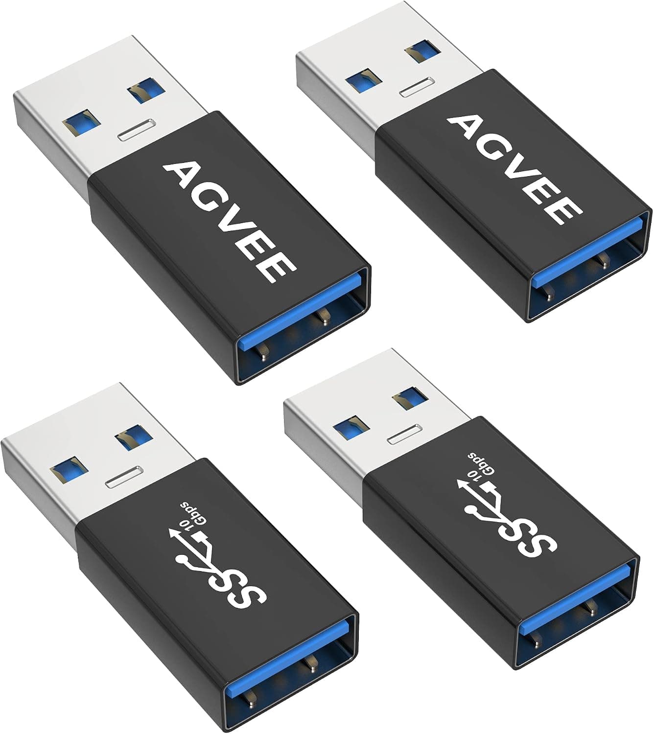 AGVEE 4 Pack USB-A 3.0 Female to USB-A Male Bidirectional Adapter, USB 3.2 Gen 1 Coupler Extender Extension Converter Connector, Black