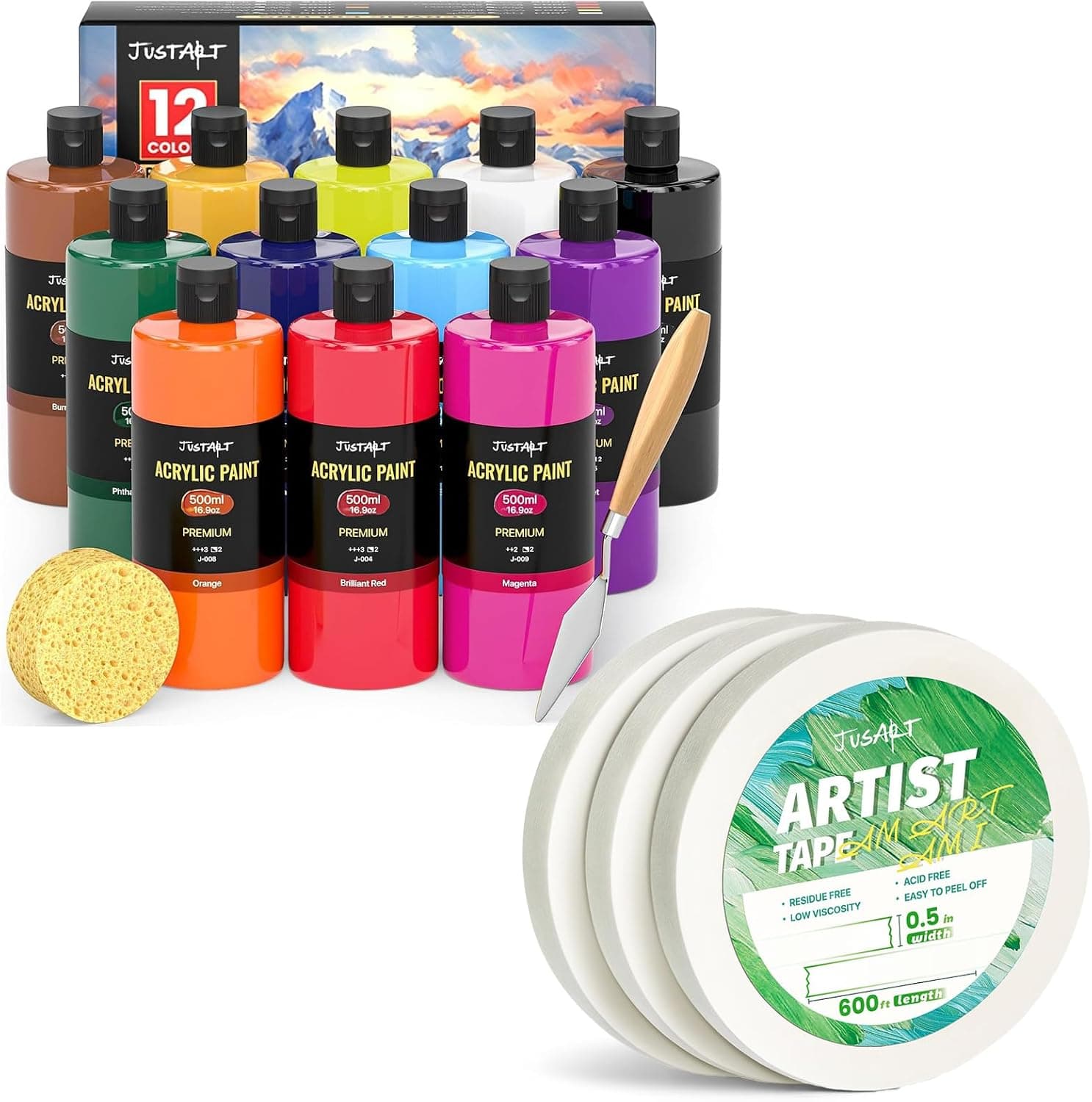 JusArt 12 Colors Acrylic Paint Set+ 0.5 Inch Wide 3 Pack Artist Tape