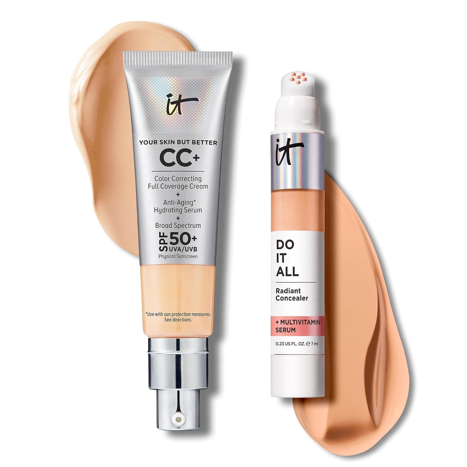 IT Cosmetics CC+ Cream with SPF 50+ Natural Finish Full Coverage Foundation (Light Medium - 1.08 fl oz) & Do It All Radiant Concealer Multivitamin Serum Makeup (305 Medium Neutral - 0.2 fl oz)