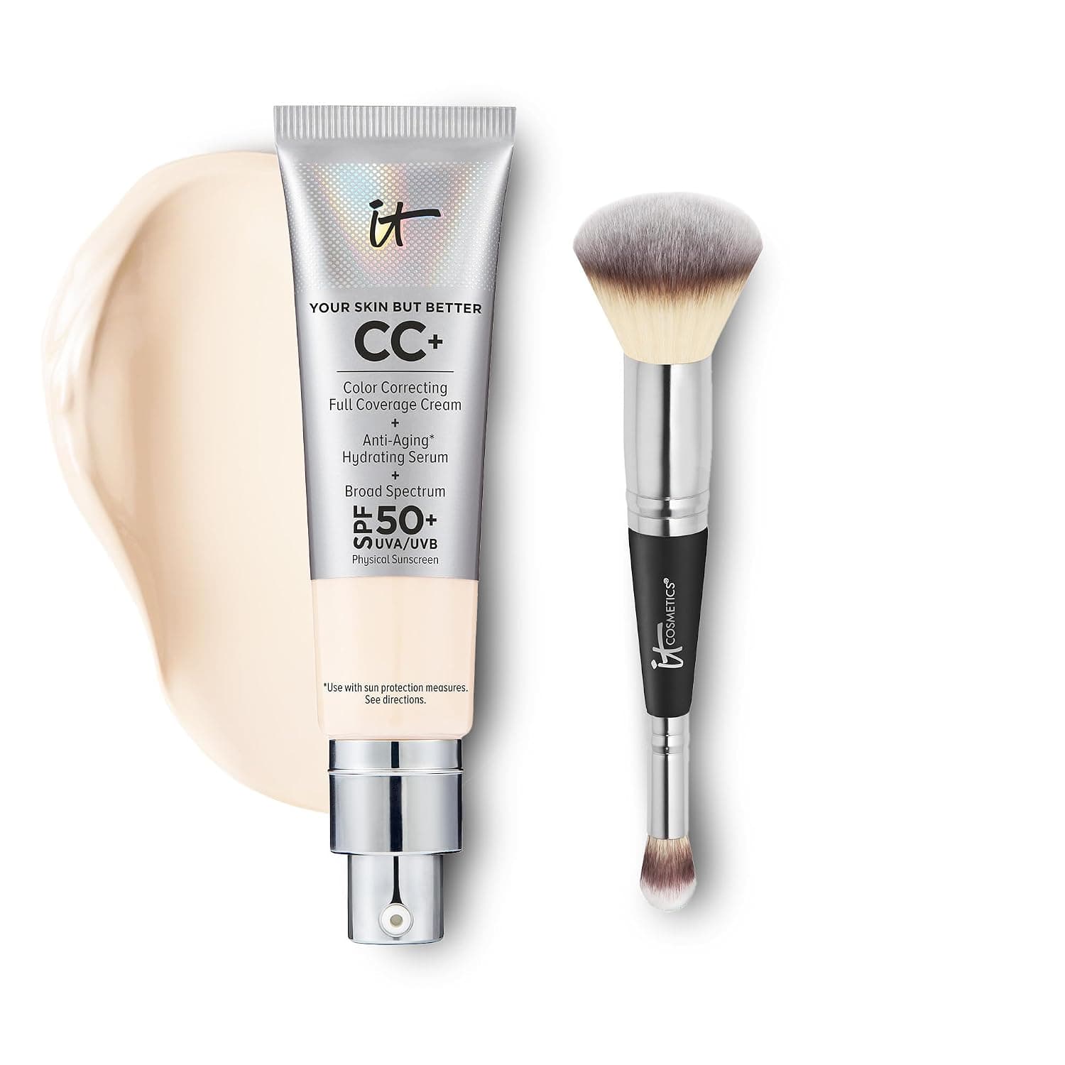 IT Cosmetics CC+ Cream with SPF 50+ Natural Finish Full Coverage Foundation (Fair Porcelain - 1.08 fl oz) & 2-in-1 Concealer and Foundation Brush #7 for Buffing and Blending Face Makeup