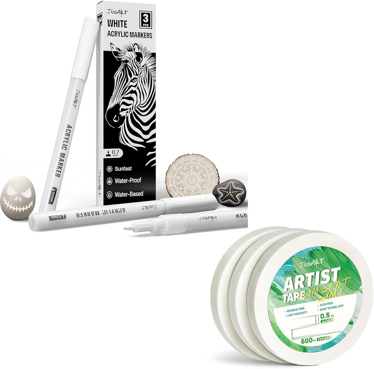 JusArt 3 Pack White Permanent Markers, 0.7mm Fine Point Acrylic Paint Pens 3 Pack1/2inch Wide Total 600FT Long Artist Tape
