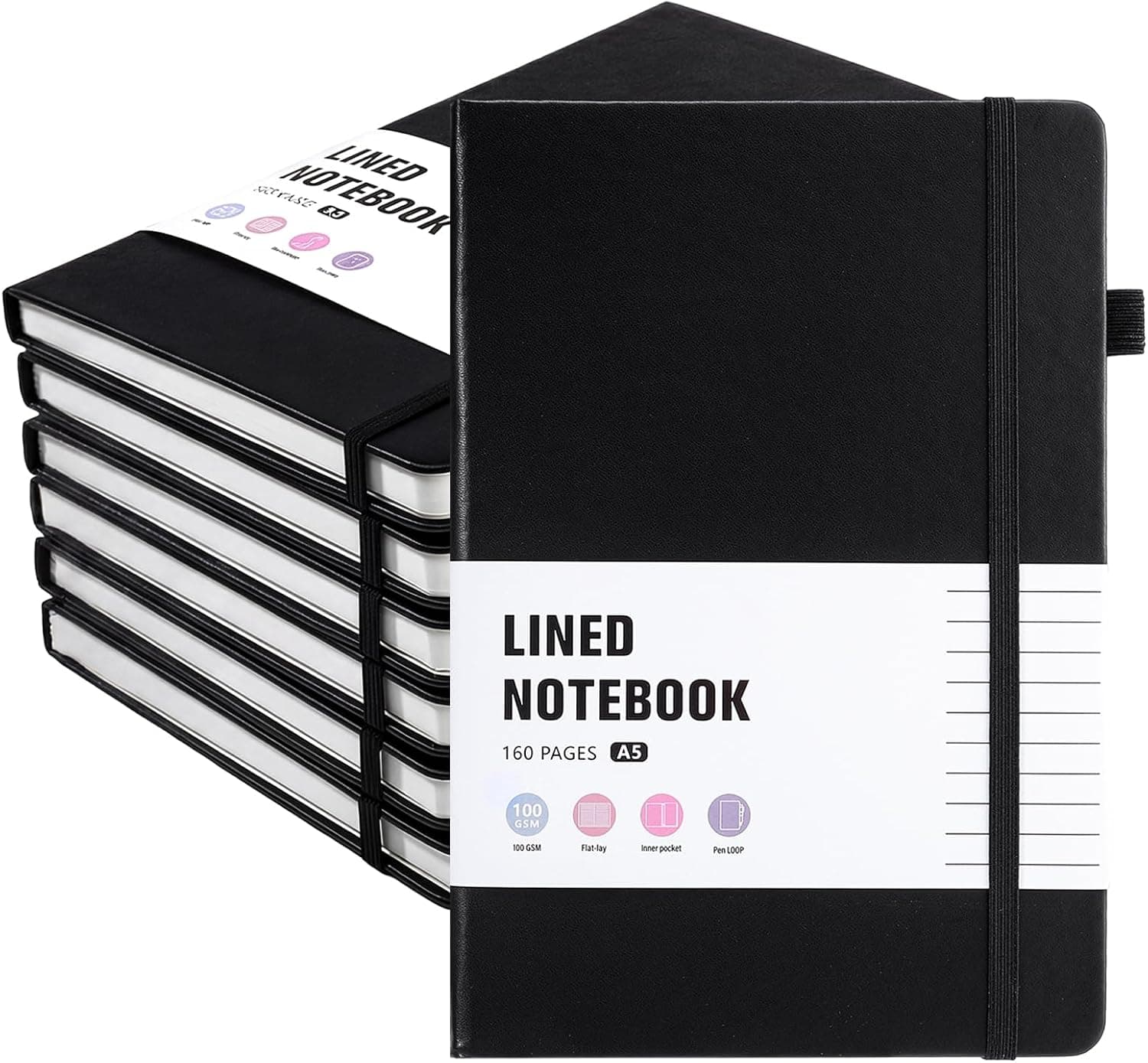 Thboxes 6 Pack Hardcover Journaling Notebooks, 5.6" x 8.2" A5 Multicolor Ruled Notebooks with Pen Holder, Lined Journals for Women Man Office Supplies Note-Taking, Work, School，Black