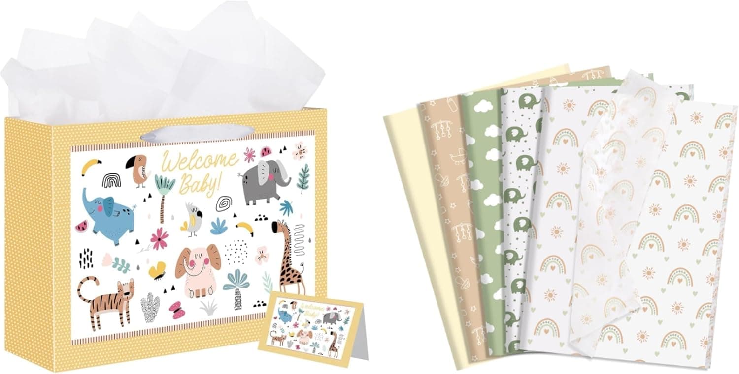 woric Baby Shower Sets 14.5" Baby Gift Bag with 122 Sheets Tissue Paper Bulk for Gift Wrapping DIY Crafts Newborn Birthday Party Decor