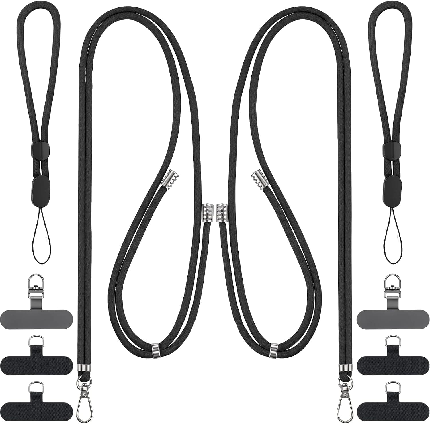 BESARME Phone Lanyard, 2 Pack Adjustable Cell Phone Lanyard Crossbody Neck Strap & 2 Pack Phone Wrist Strap with 6 Pcs Tether Tabs for Travel Hiking Dog Walking for Smartphones-Black