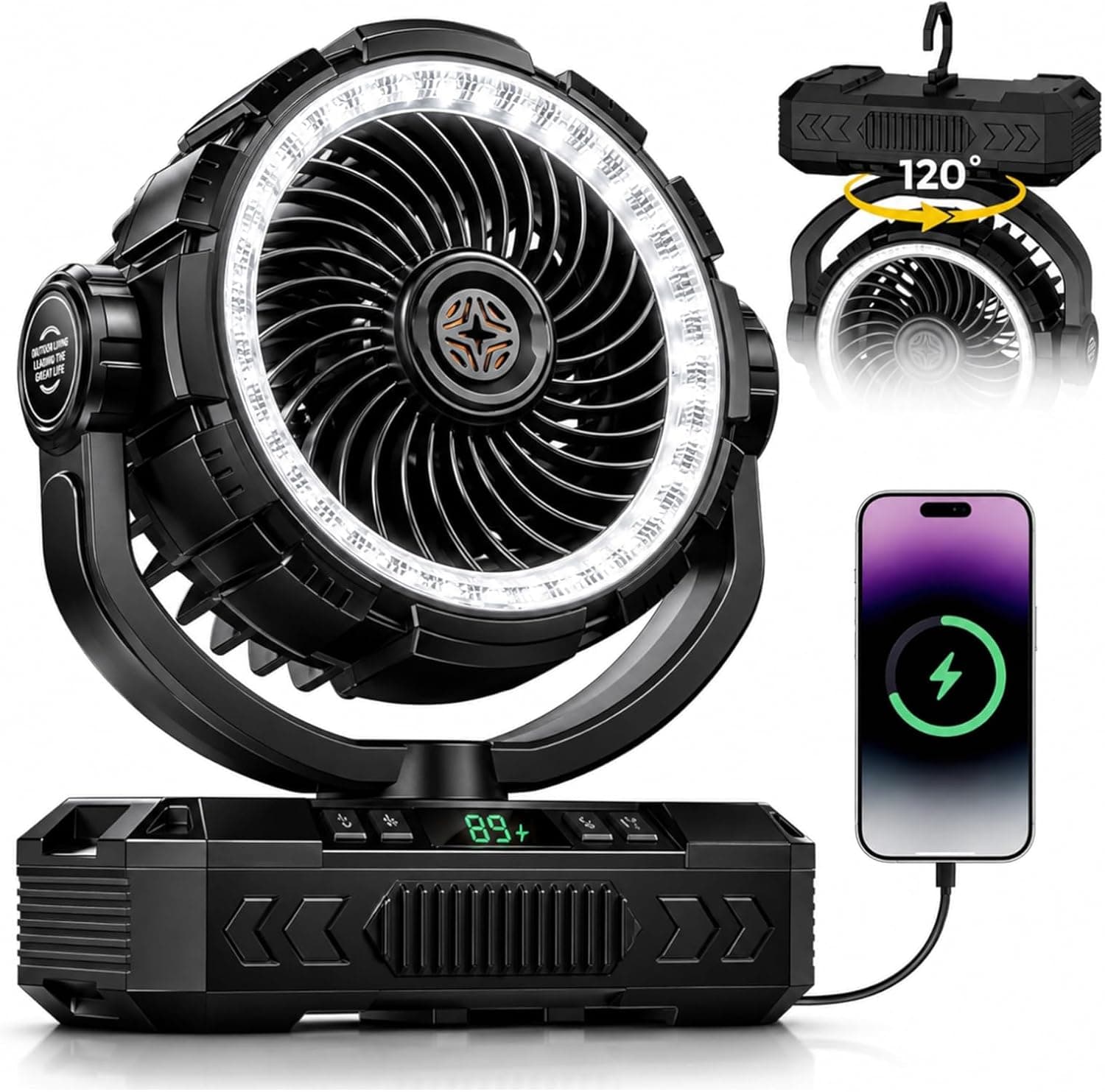 4-IN-1 Rechargeable Camping Fan & Oscillating【Max 60H】Portable Battery Powered Operated Fan,20000mAh Outdoor Turbo Tent Fan & Light,Timer,Hook for Travel,Fishing,Jobsite,Beach,Indoor,Camping Essential