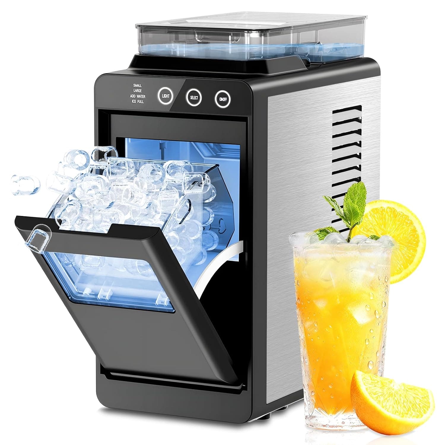 Kismile Countertop Ice Maker with 1.2L Top Water Tank, 8 Bullet Cubes in 6 Mins, 26.5lbs in 24Hrs, 2 Ice Sizes, Self-Cleaning Portable Ice Maker with Basket and Scoop, for Home/Camping/RV, Dark Black