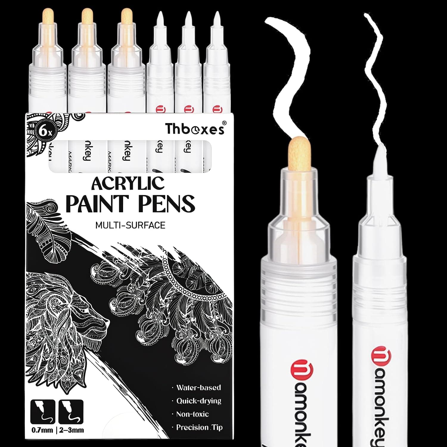 Thboxes White Pens Set, 6 Pcs Acrylic Paint Pens Dual-Tip Marker Fineliner Brush Pen Quick-Drying Waterproof White Ink Pen for Black Paper Drawing Sketching Clothes Wood Glass Ceramic Stone