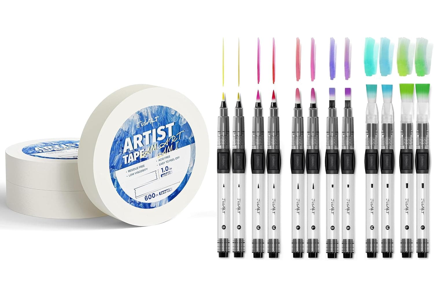 JusArt 3 Packs Artist Tape 1 inch + Water Brush Pens 12-Pack
