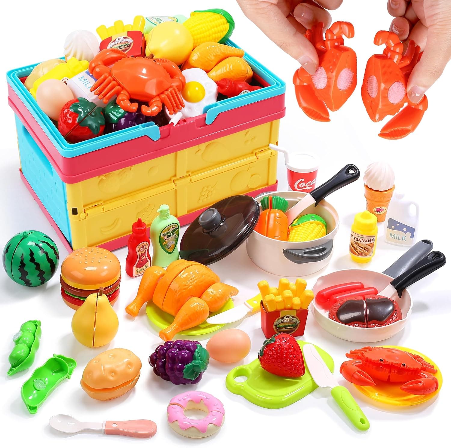 HOLYFUN Play Food Toy Set with Shopping Basket & Cutting Fruits | Includes toy pots, pans, plastic dishes and realistic food pieces for pretend cooking, role play and hands-on learning
