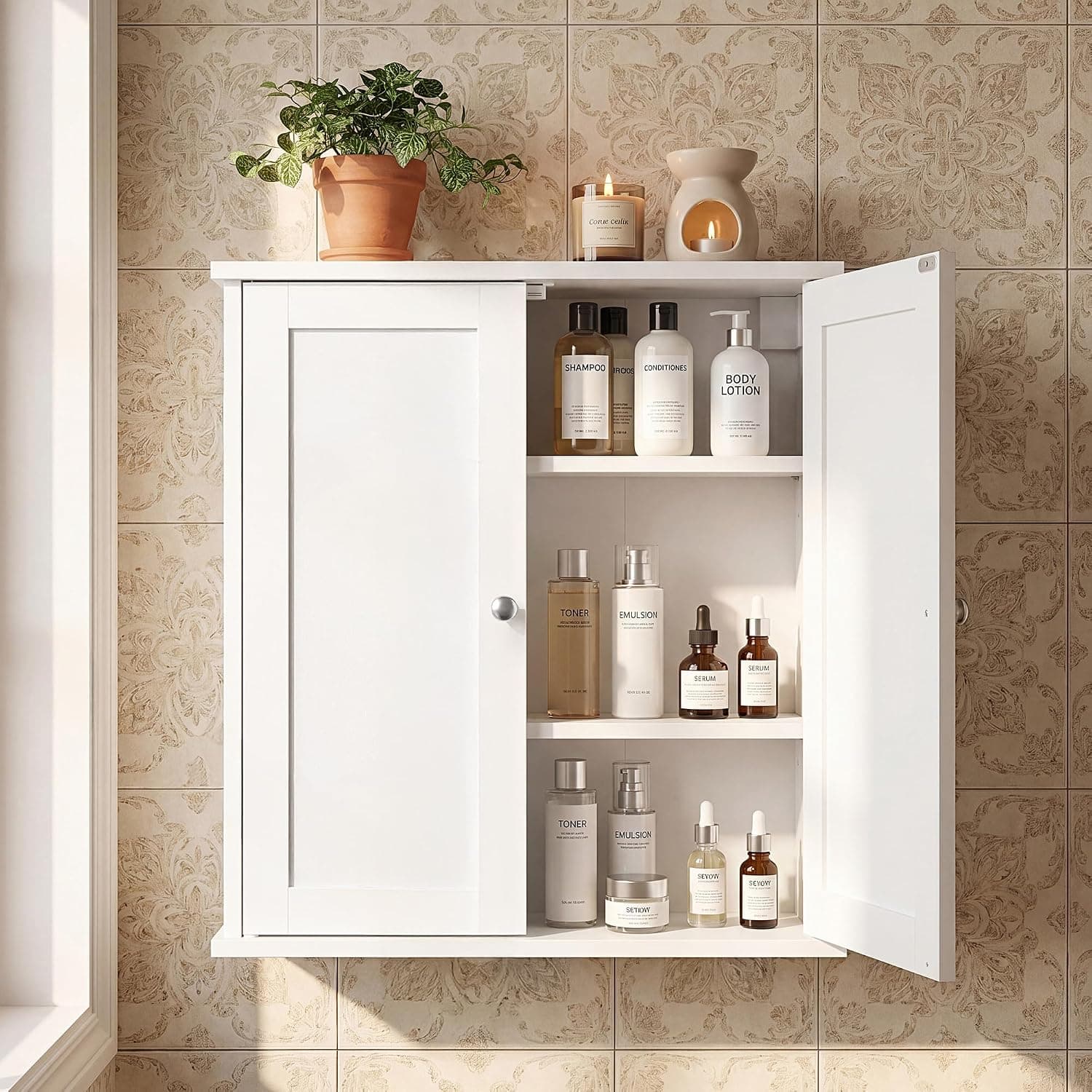 VASAGLE Siren Collection - Bathroom Wall Cabinet, Hanging Bathroom Storage Cabinet, for Medicines, Farmhouse, 2 Adjustable Shelves, 7.9 x 22 x 23.6 Inches, Cloud White UBBK330WB01S