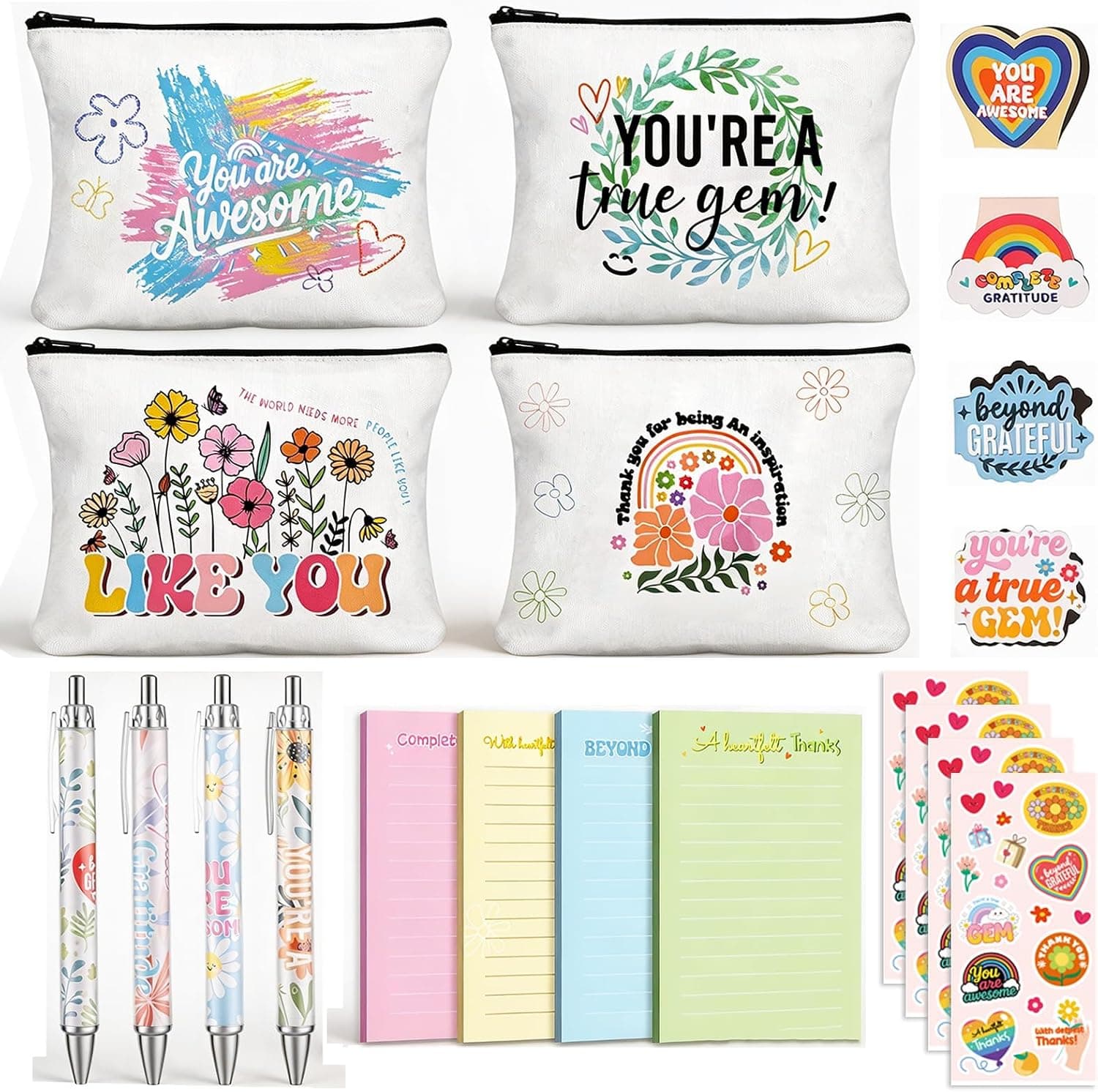 BESARME 4 Sets Teacher Appreciation Gifts in Bulk, Cute Makeup Bags Bookmark Sticker Pen and Notepad for Teachers Women End of Year Class Thank You