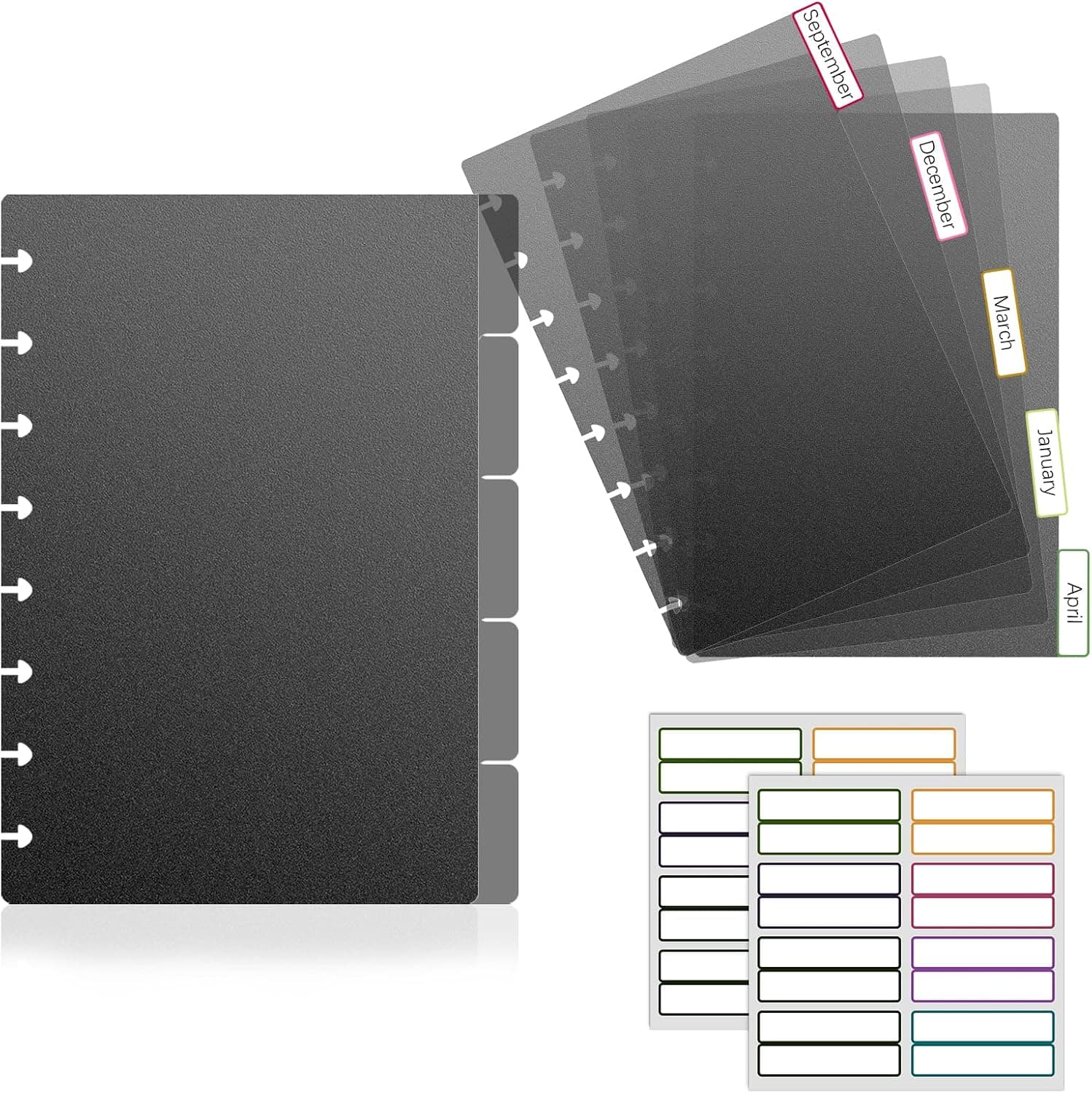 10 Sheets Junior Size Discbound Dividers, 5.5 * 8.5 inch, 8 Disc Bound Planner Supplies, Plastic Blank Index Divider for Discbound Notebooks Office Meeting College (10 Sheets, Black)
