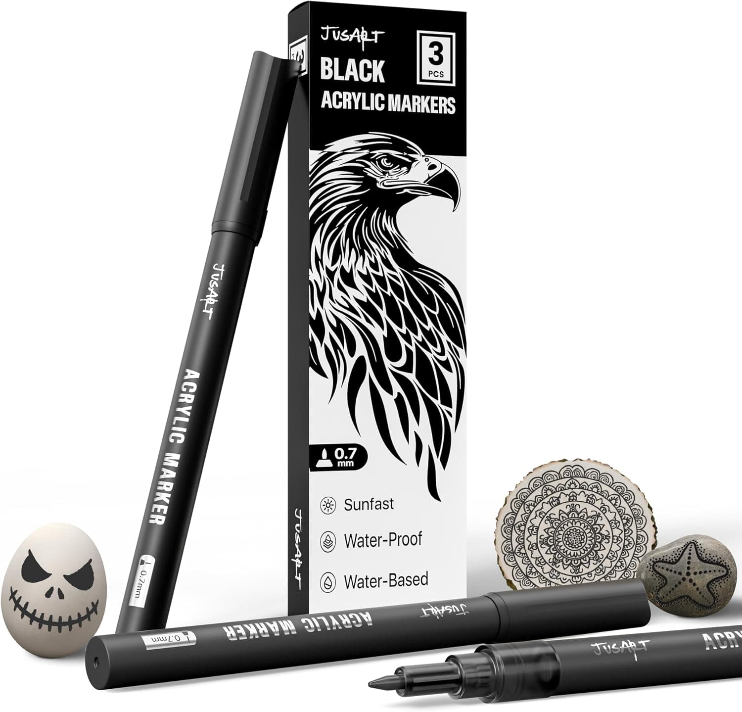 JusArt 3 Pack Black Acrylic Paint Markers, 0.7mm Fine Point Acrylic Paint Pens for Rock Painting, Art Projects, Ceramic, Glass, Wood, Metal, Fabric, DIY Crafts, Ideal Black Paint Pen for Art Supplies