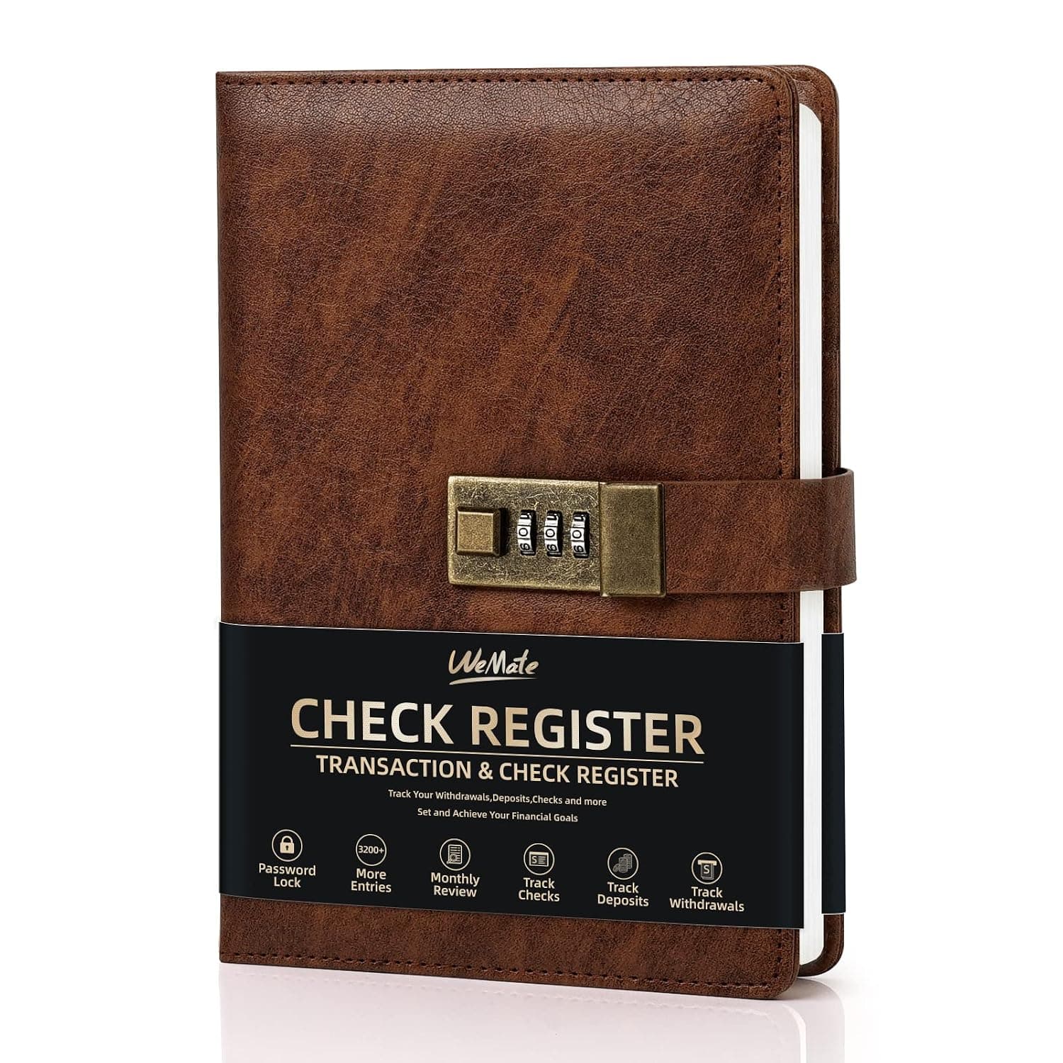 WEMATE Hardcover Check Registers, Personal Checkbook Register or Small Business, Checking Register Book with Password Lock-Brown