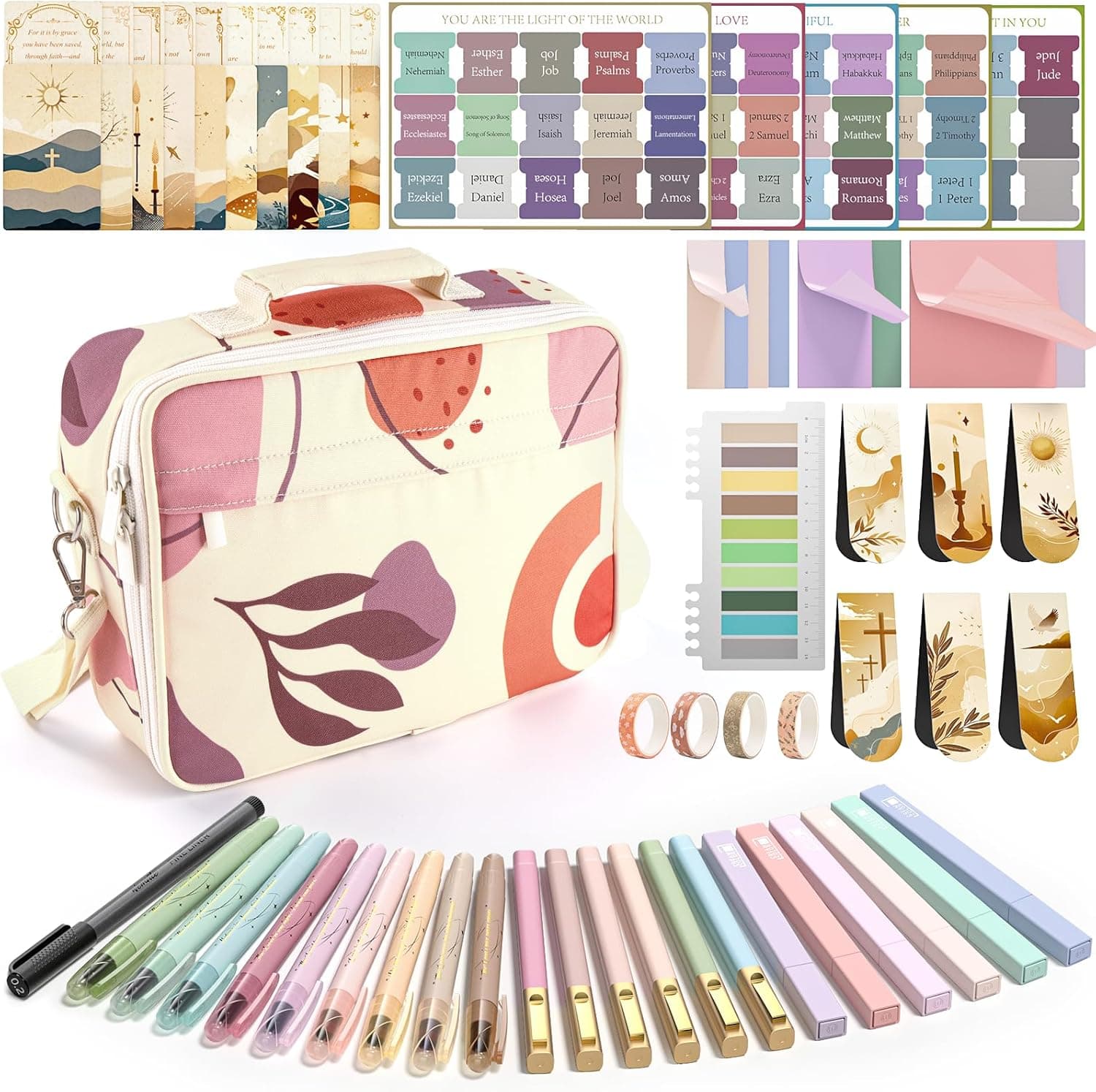 WEMATE 146PCS Bible Journaling Kit with Bag, No Bleed Highlighters and Pens, Tabs, Prayer Cards, Washi Tape, Sticky Notes, Annotation Study Supplies, Christian Gift for Women, College Stationery