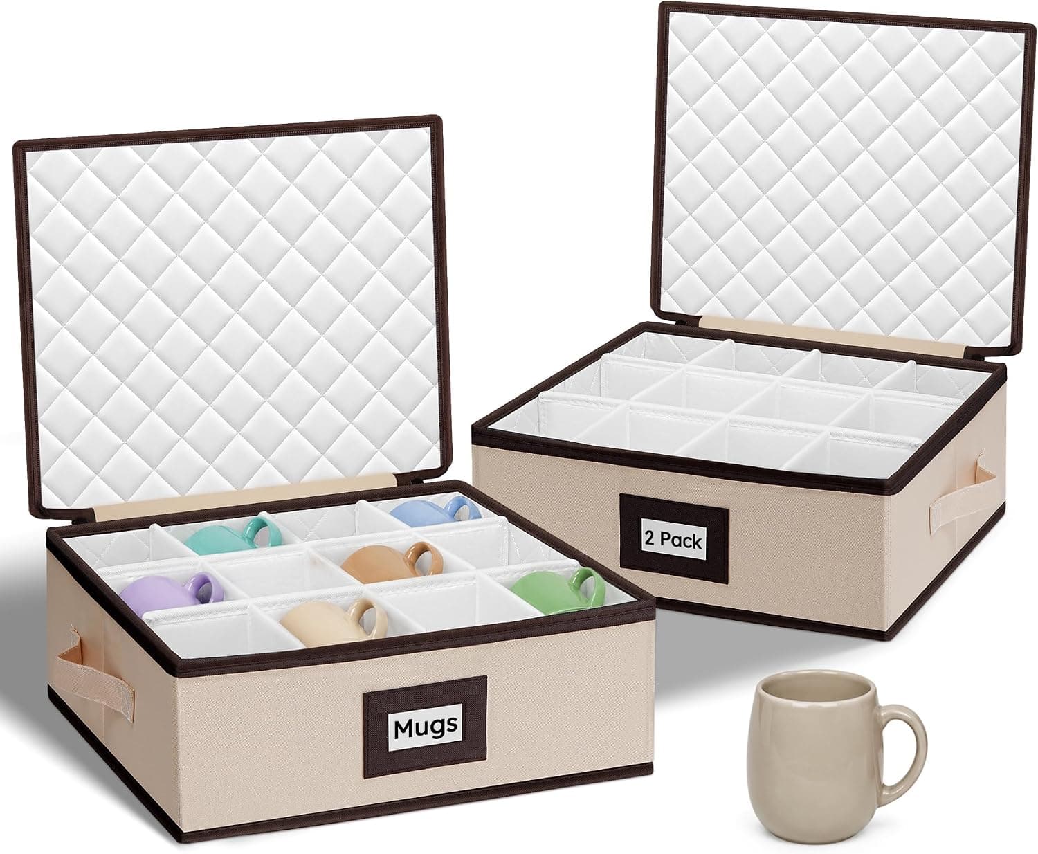 punemi 2 Pack Mug Storage Organizer, Coffee Mug Storage Boxes with Padded Dividers & Hard Shell Support, Stackable Tea Cup Storage Containers with Handles for Packing, Moving & China Storage, Beige