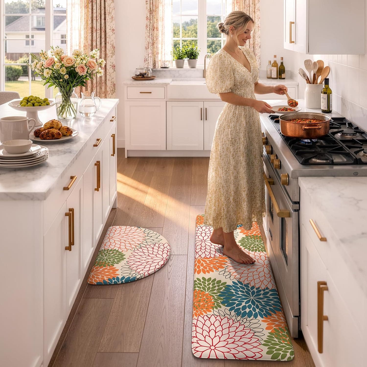 KIMODE Half Circle Kitchen Mats for Floor Cushioned Anti Fatigue,Semi Round Boho Kitchen Rug Sets of 2 Non Slip,Waterproof Padded Kitchen Floor Mat Carpet Decor for Sink Laundry Bathroom,Colorful