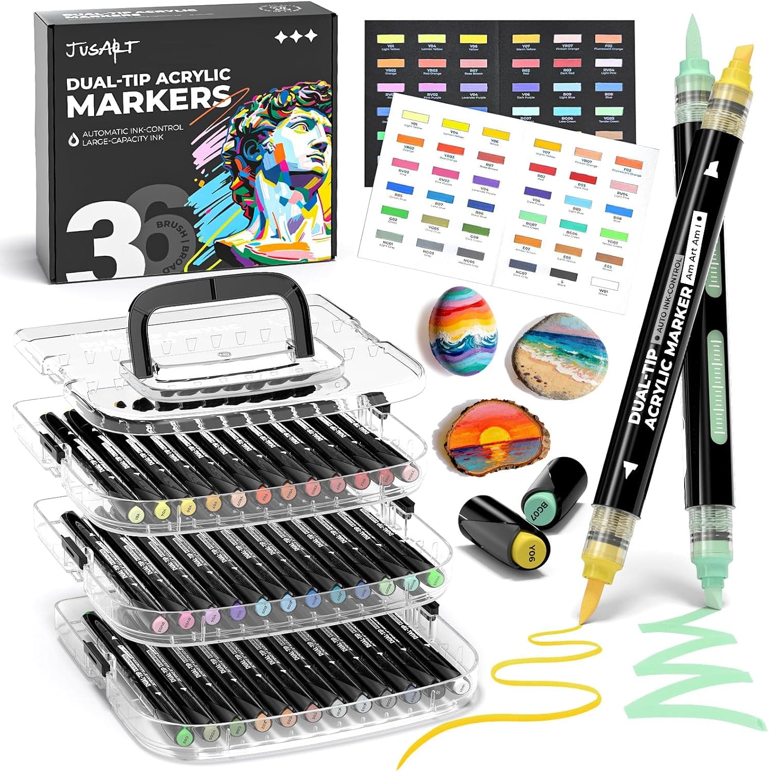 JusArt 36 Colors Automatic Ink Control Acrylic Paint Markers, Dual Tip with Broad Tip and Brush Tip Pens for Ceramic, Wood, Canvas, Glass, Stone, Fabric, Rock Painting, DIY Crafts Art Supplies Kit
