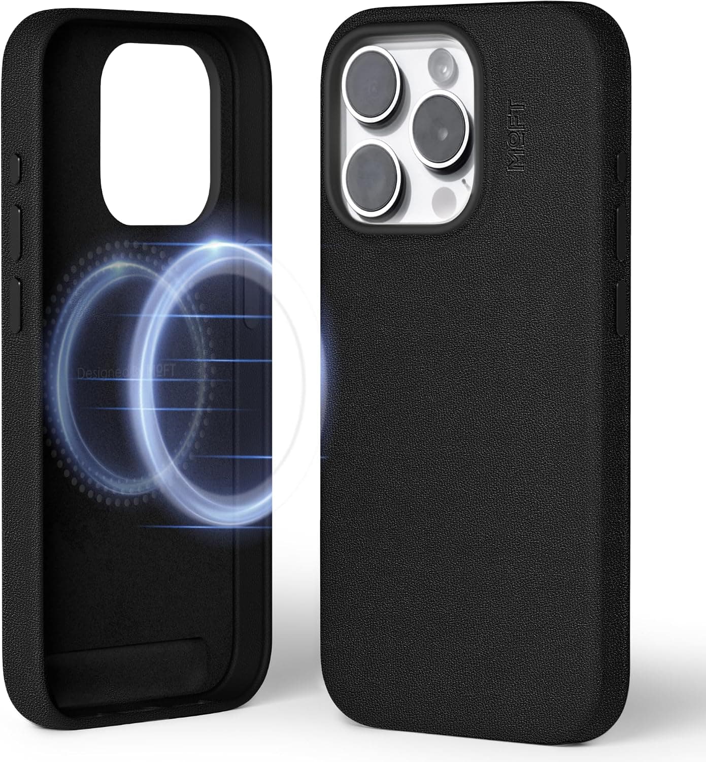 MOFT Designed for iPhone 15 Pro Case, MOVAS Vegan Leather Soft & Smooth & Anti-Scratch Protective Phone Case, Compatible with MagSafe, Fine Fiber Lining, Lifted Camera Ring Magnetic Case, Jet Black