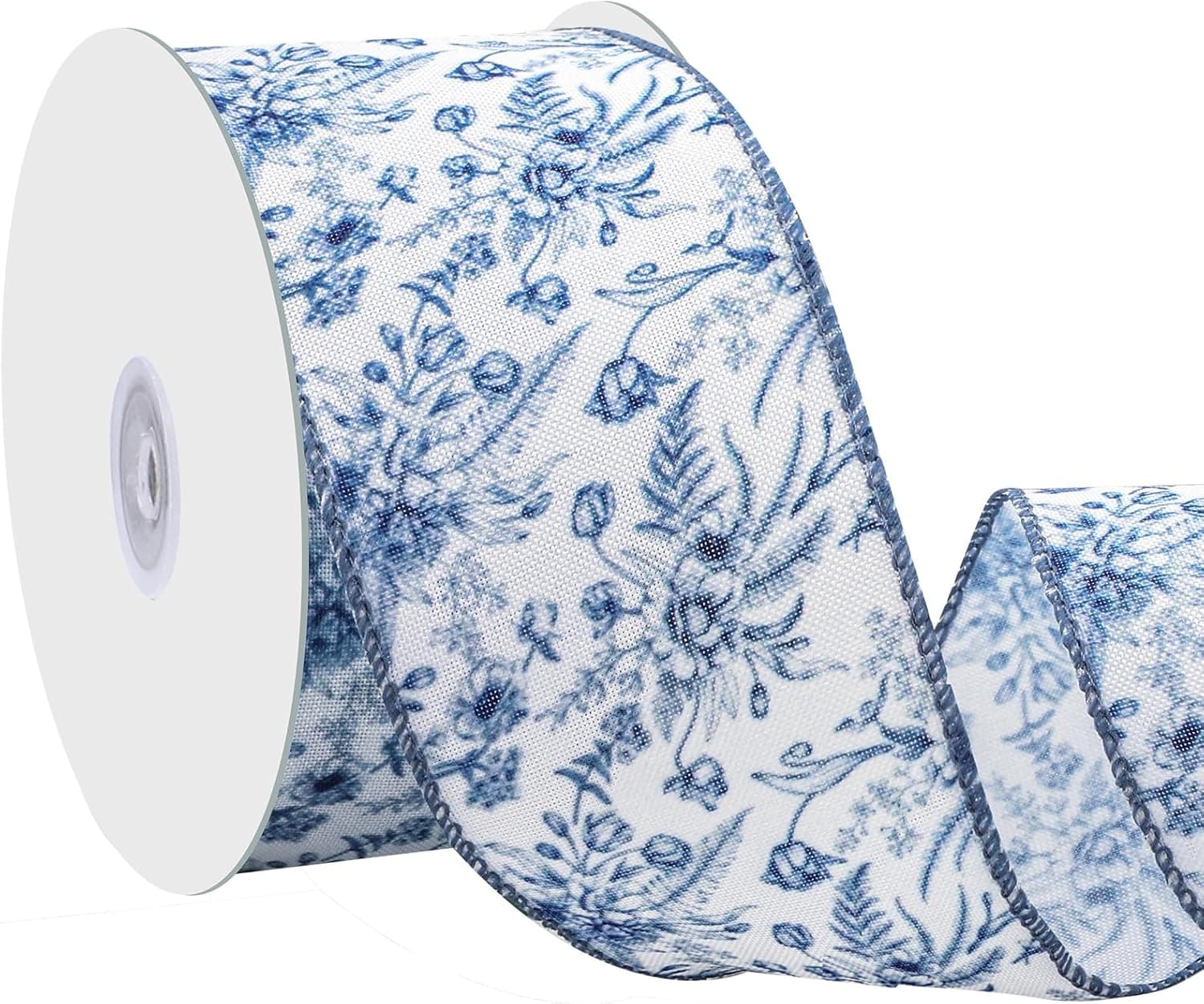 woric Blue Floral Wired Ribbon 2.5 Inch x 15 Yards for DIY Crafts Chinoiserie Decor Bow Making Wreath Gift Wrapping DIY Craft