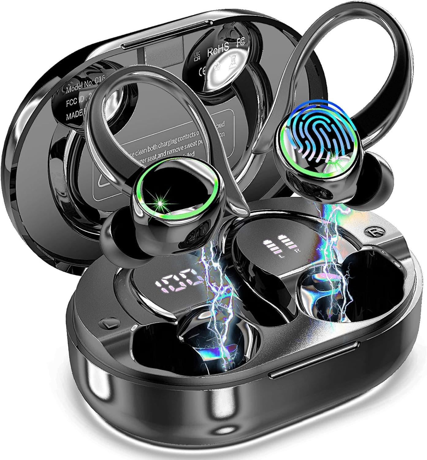 Wireless Earbuds, 2026 Bluetooth 5.4 Headphones Sports, 50 Playback Over-Ear buds with 4 ENC Noise Cancelling Mics Deep Bass Fitness Earphones Gym Running Workout, IP7 Headset with Earhook LED Display