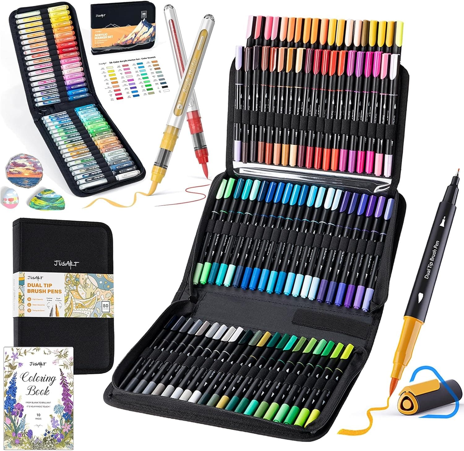 JusArt 36 Colors Acrylic Paint Markers + Water Based Coloring Markers 80 Colors