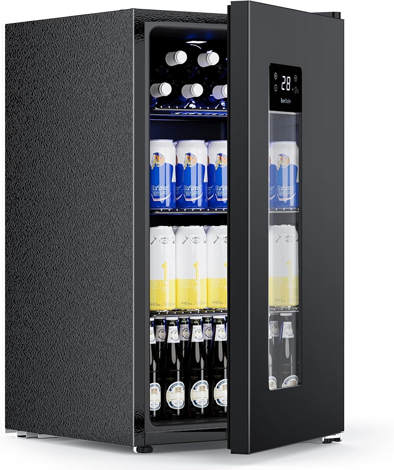 COWSAR 3.2 Cu. Ft. Beverage Refrigerator, 130-Can Beer Cooler with Glass Door, Adjustable Shelves, Digital Temperature Control (20°F–50°F), and LED Lighting for Home, Office & Bar, Black