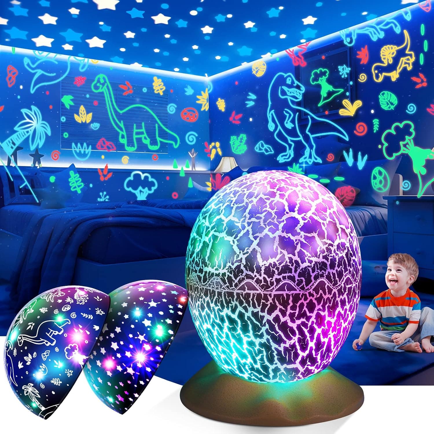 Dinosaur Toys for Kids Age 3-12 : Dinosaurs Egg Night Light Gifts for Boys 3 4 5 6 7 8 9 Year Old 2-in-1 Dino & Star Projector with 360° Rotation Timer for Boy Ages 3-5 Birthday Gift Decor