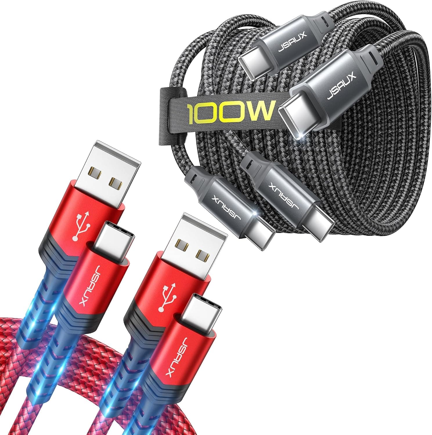 JSAUX 100W USB C to USB C Cable [2-Pack, 6.6FT] + USB C to USB A Cable [2-Pack, 6.6FT]